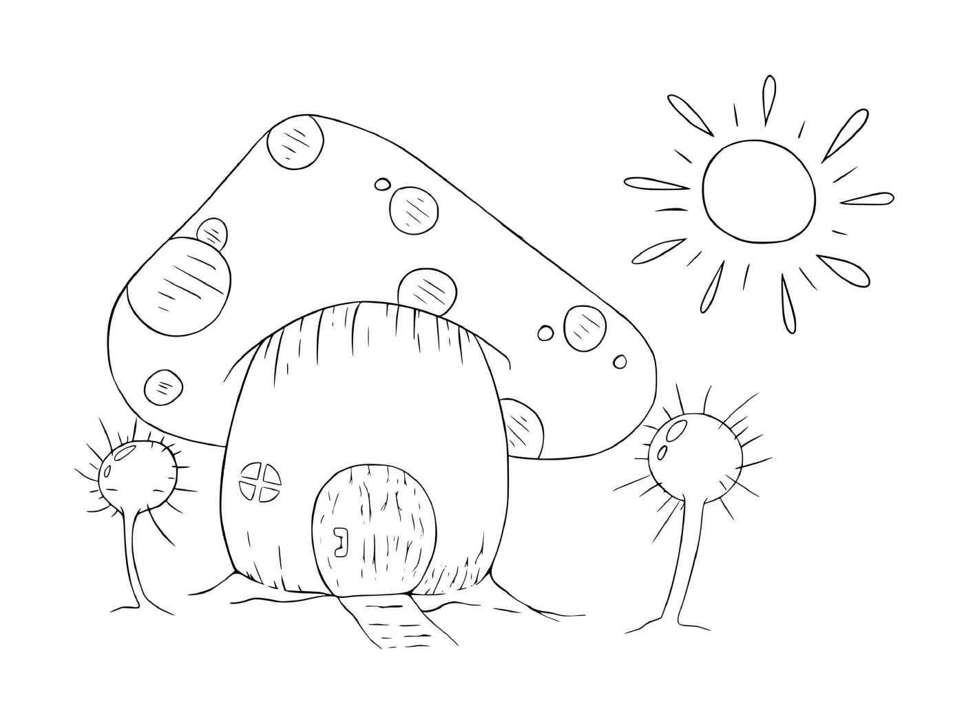  Ein Pilzhaus mit Sonne und Bäumen 