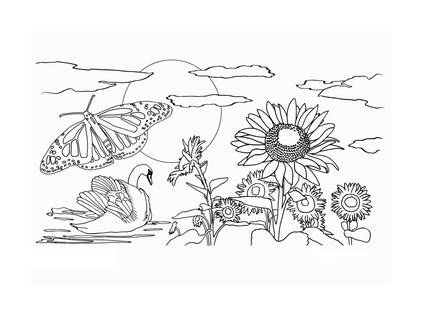  Лебедь, бабочка и цветок 