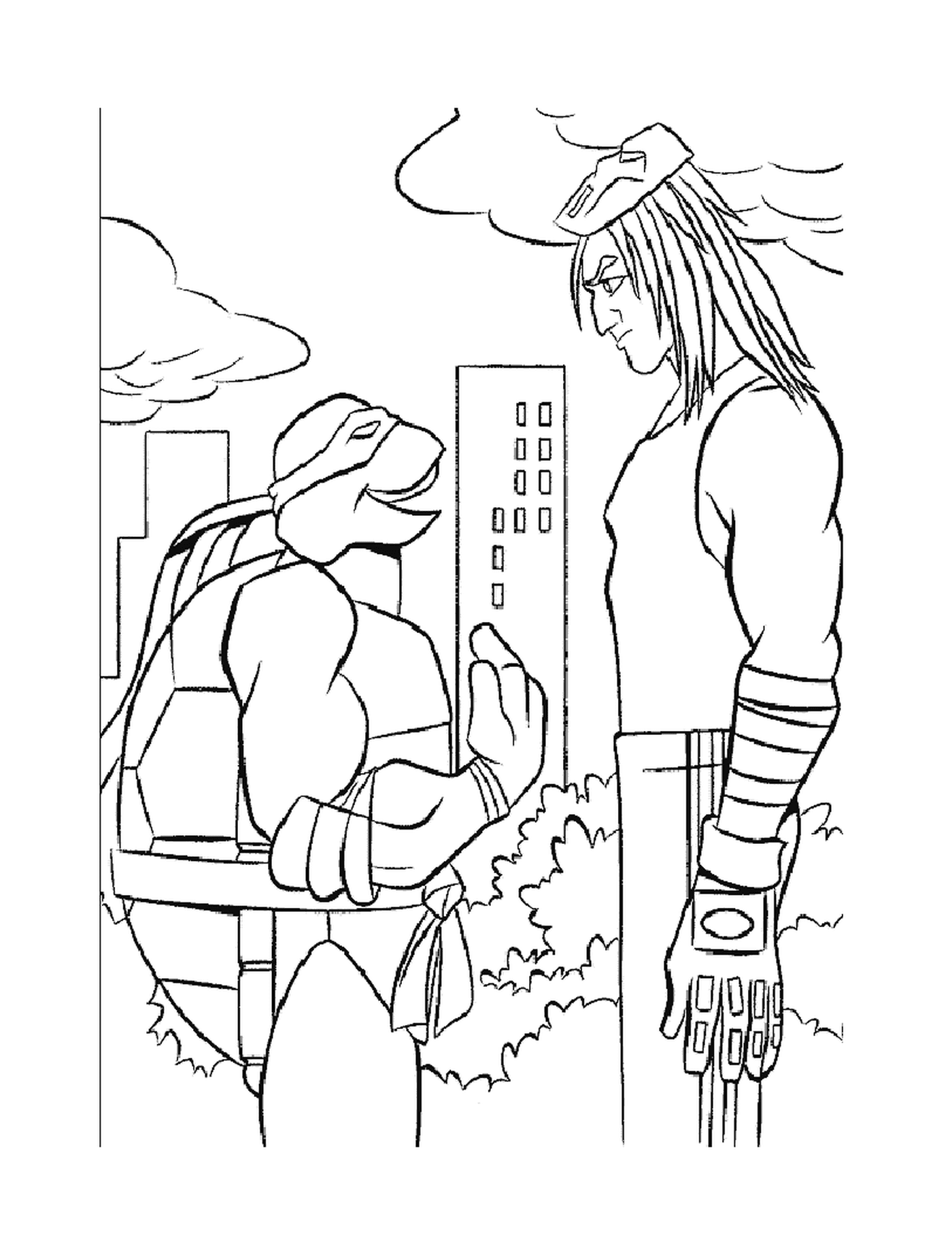  Ninja turtle talking to a man 