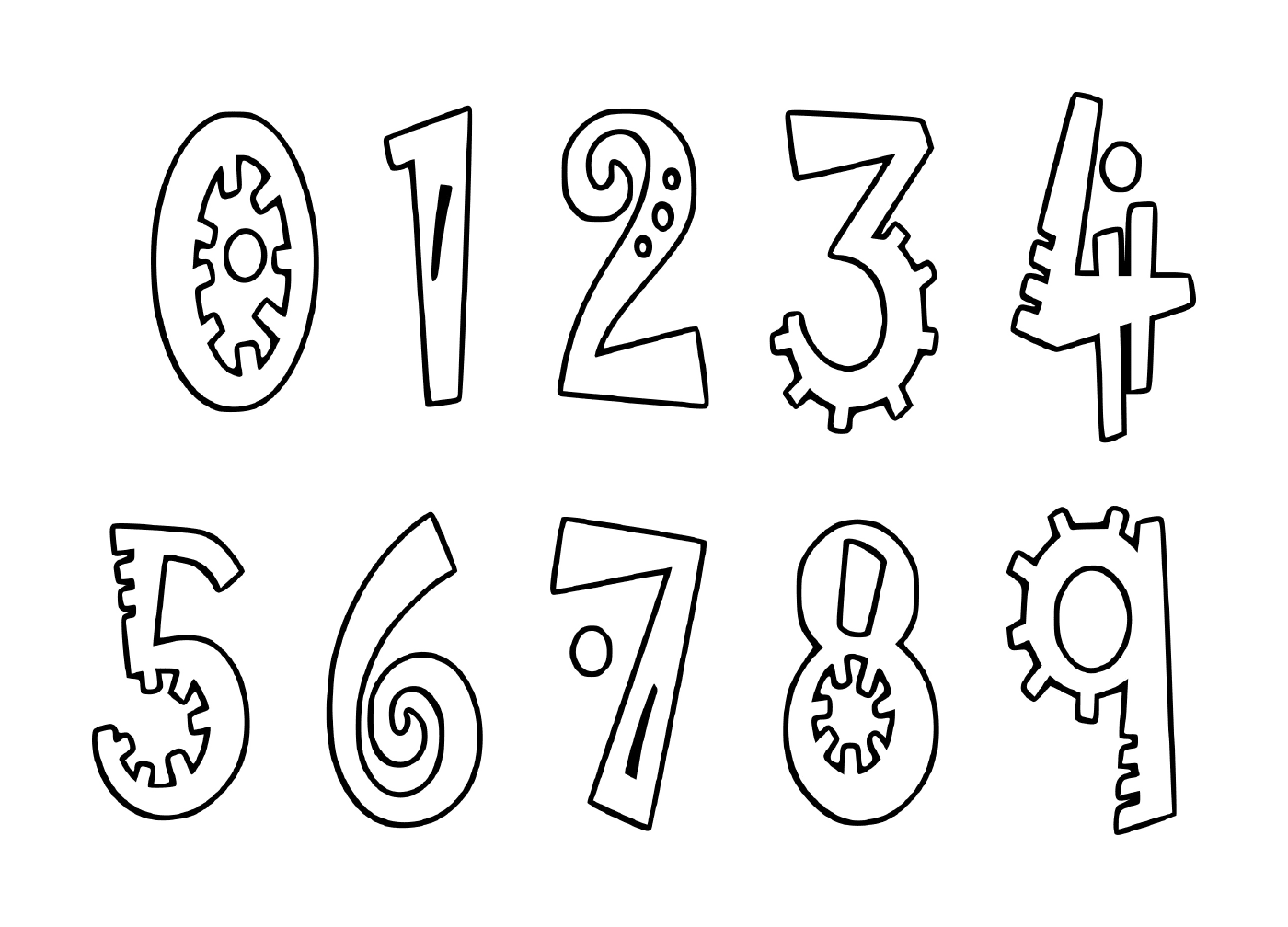 Set of digits from zero to nine drawn in black ink 