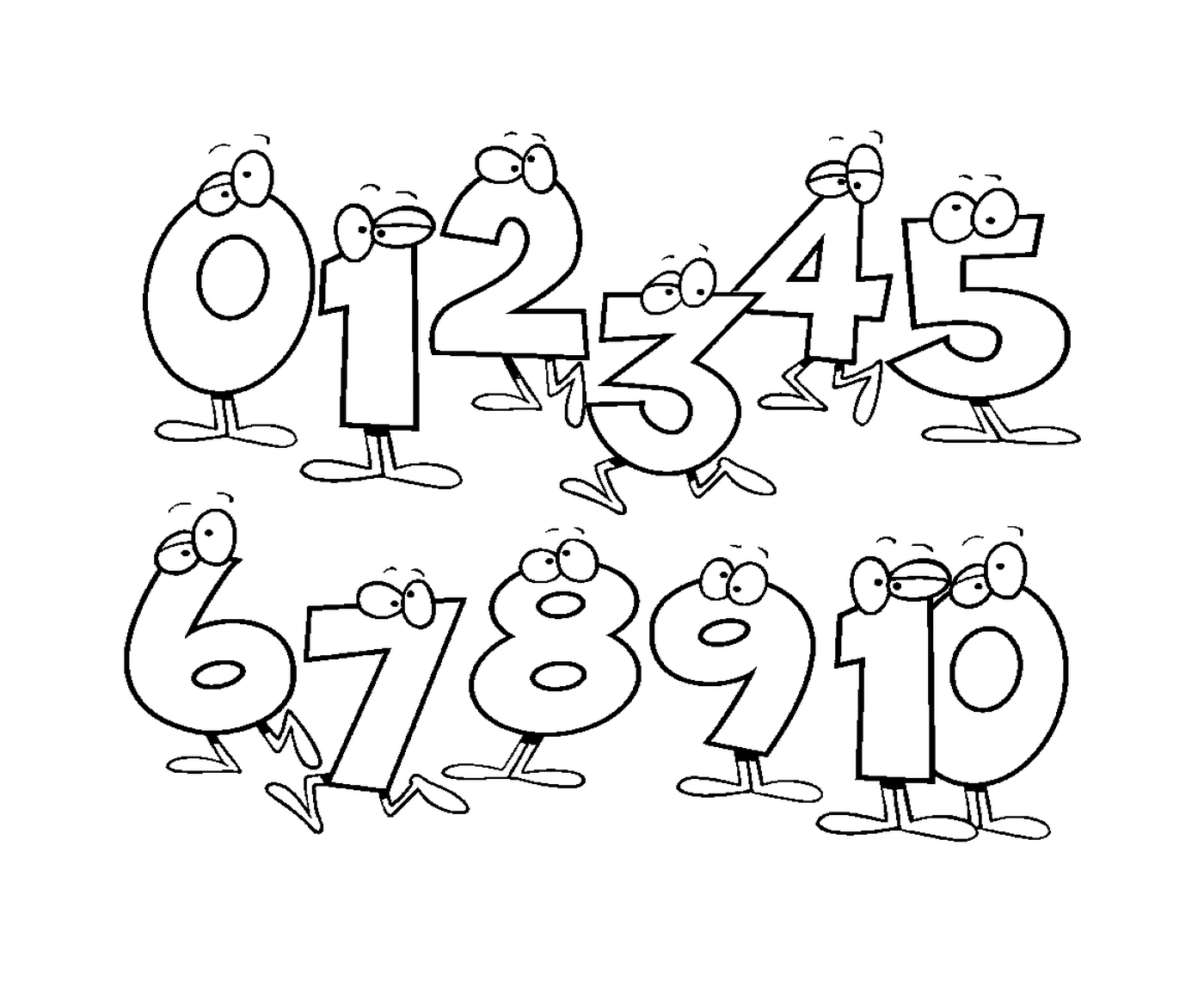  Conjunto de números dibujados caricaturamente de cero a diez 