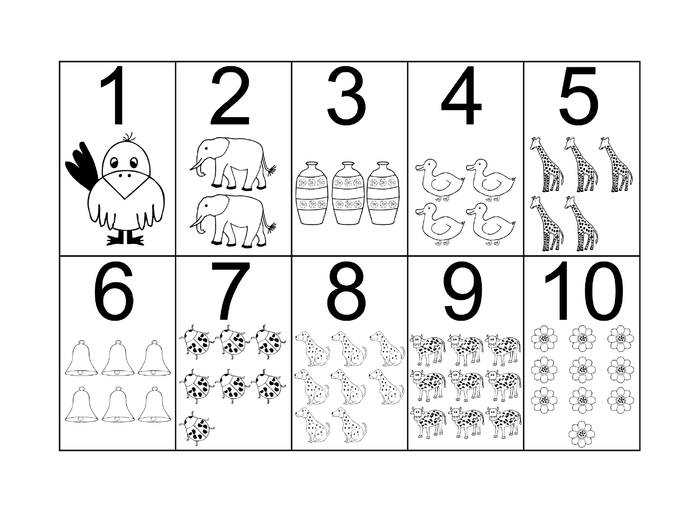  Zahlen von null bis zehn mit Tieren und Blumen 