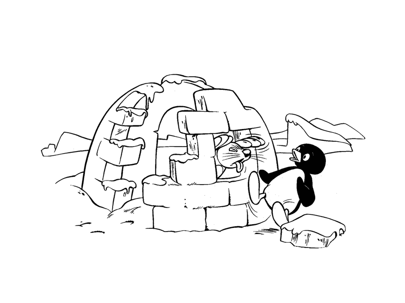  Pingu cerca de un iglú con un sello 