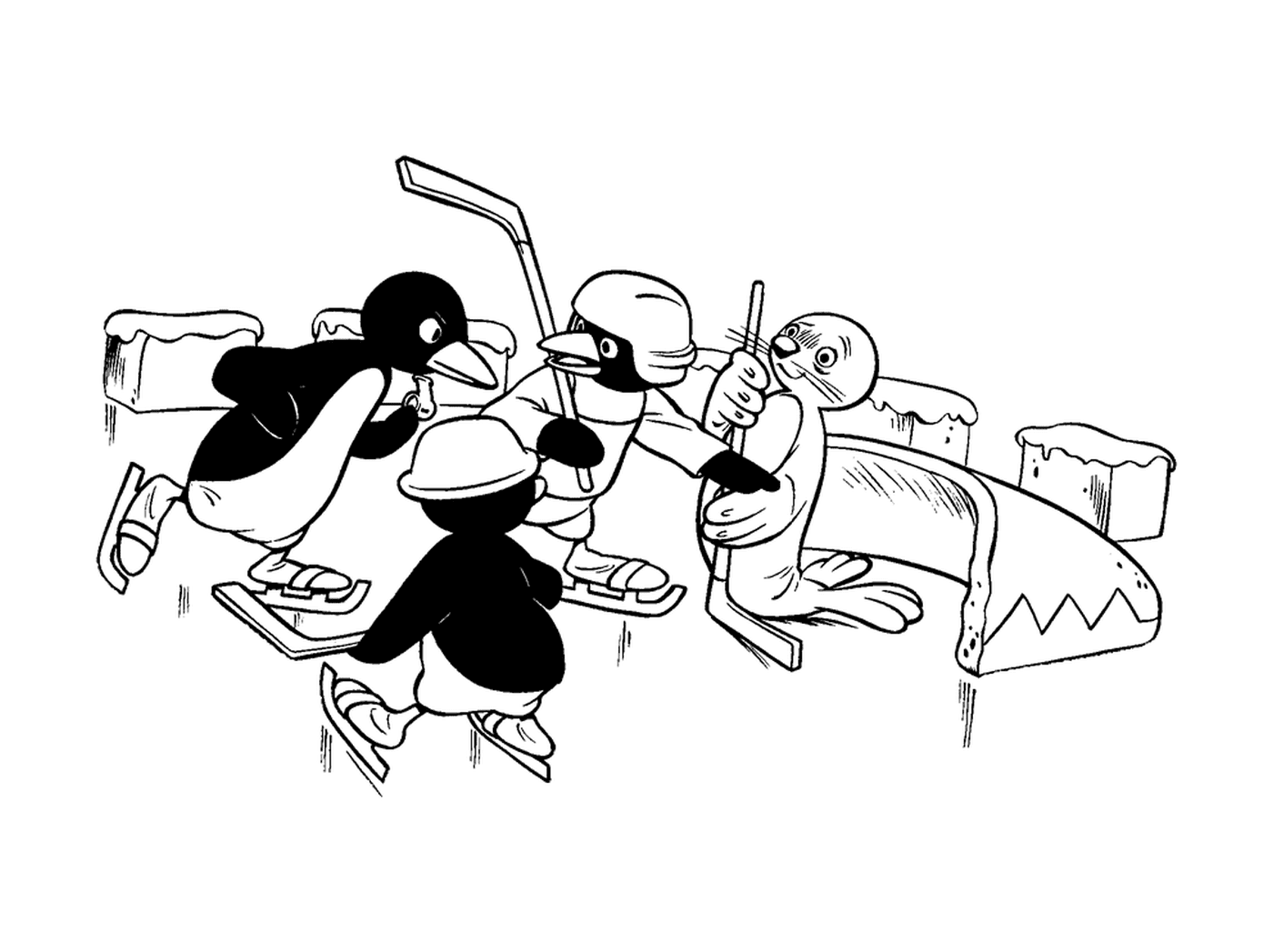  Pingu plays hockey with his friends 
