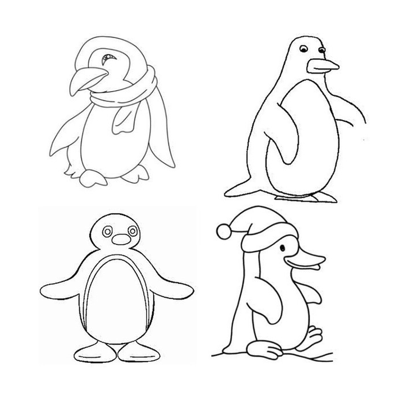  Cuatro pingüinos diferentes en el dibujo 