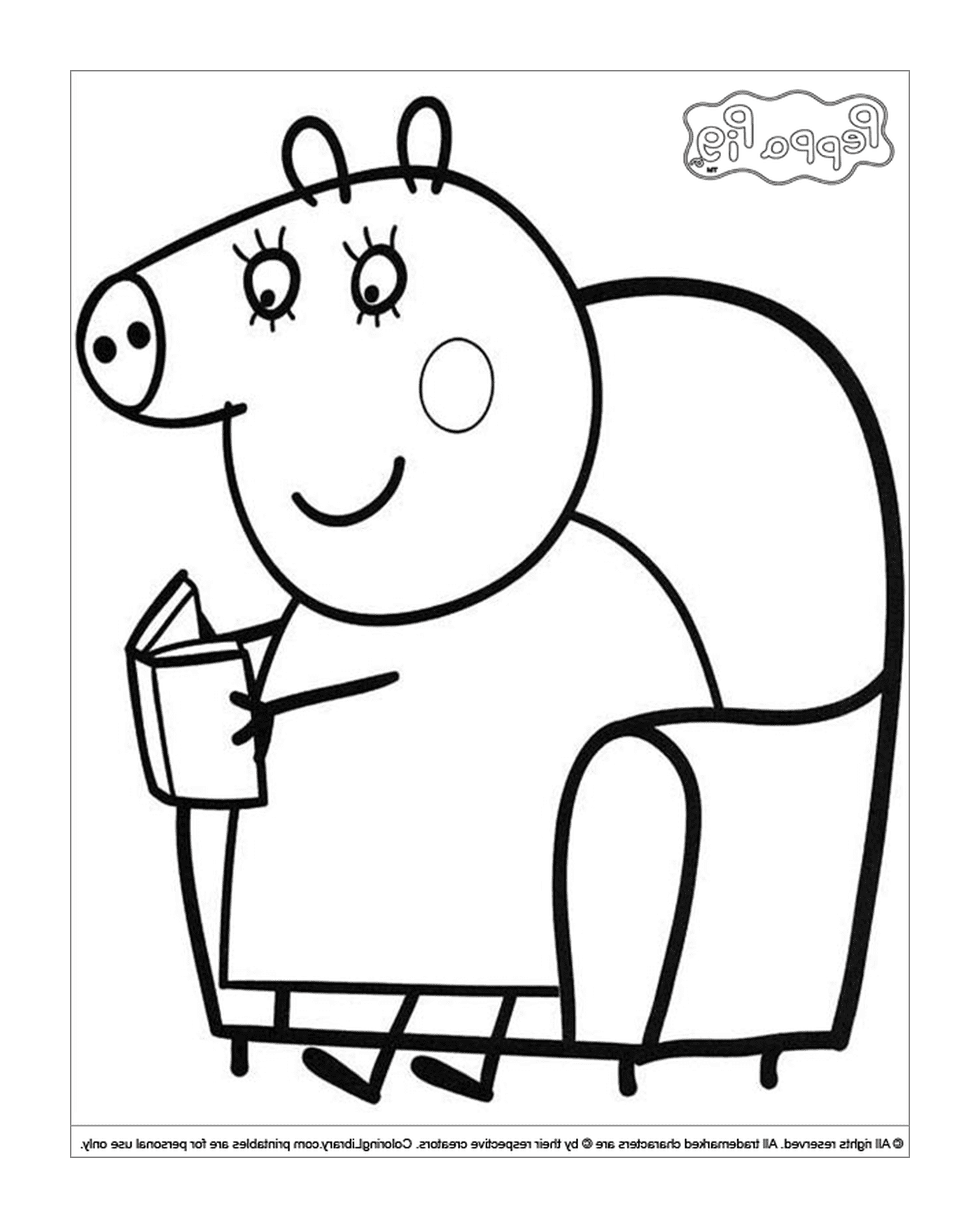  A pig sitting on a chair holding a book 