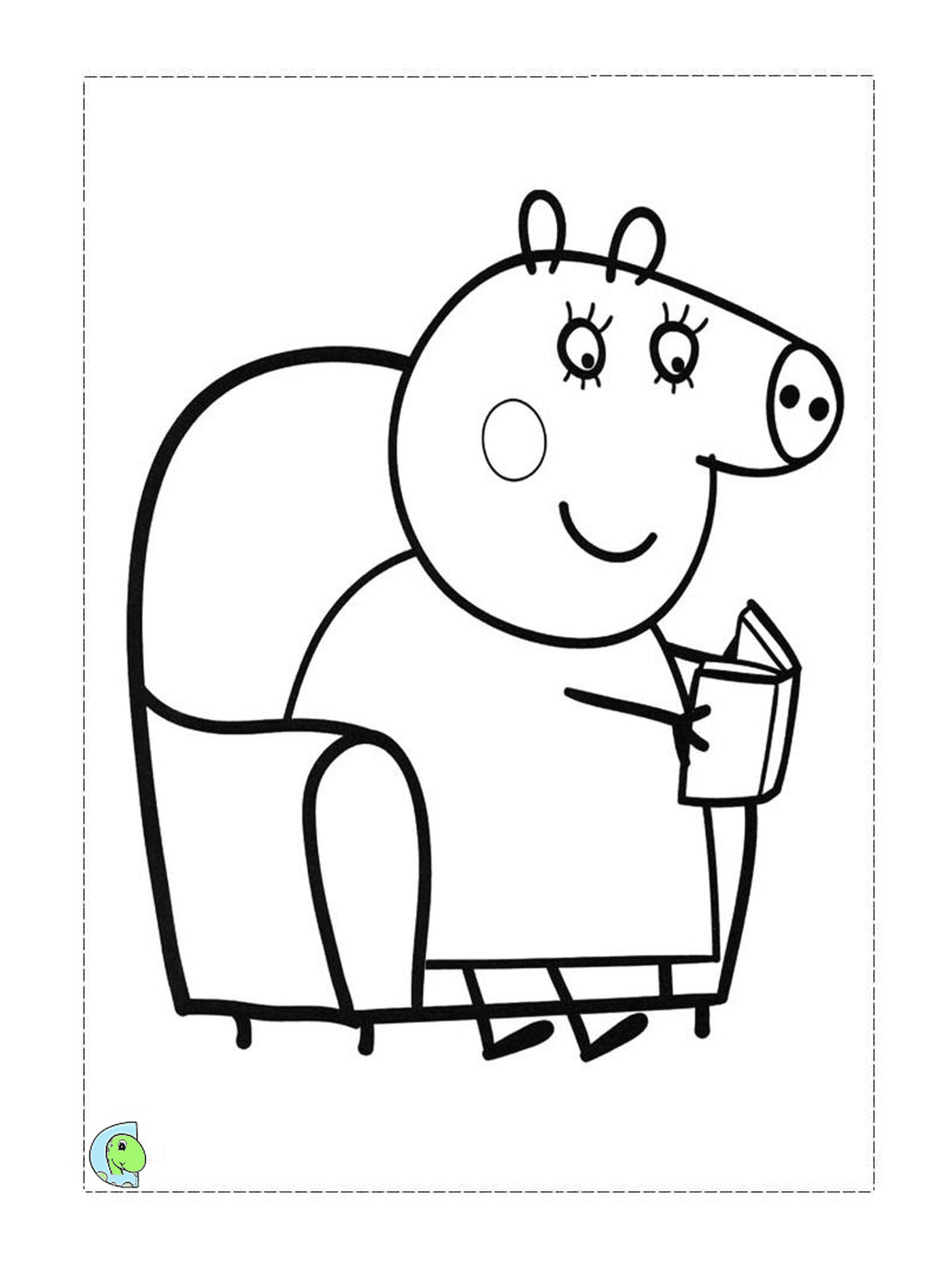  A pig sitting on a chair holding a book 