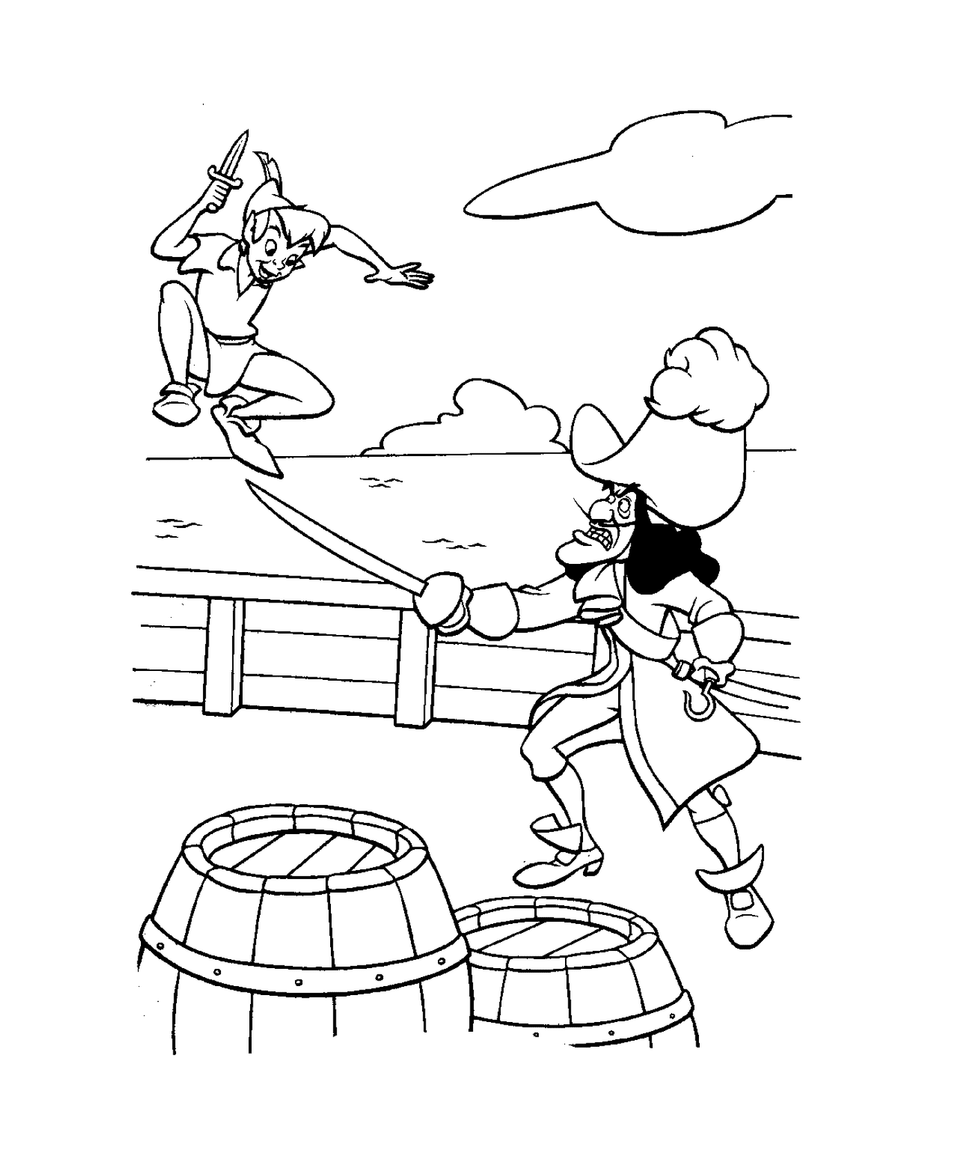  Питер Пан сражается с пиратом на лодке 