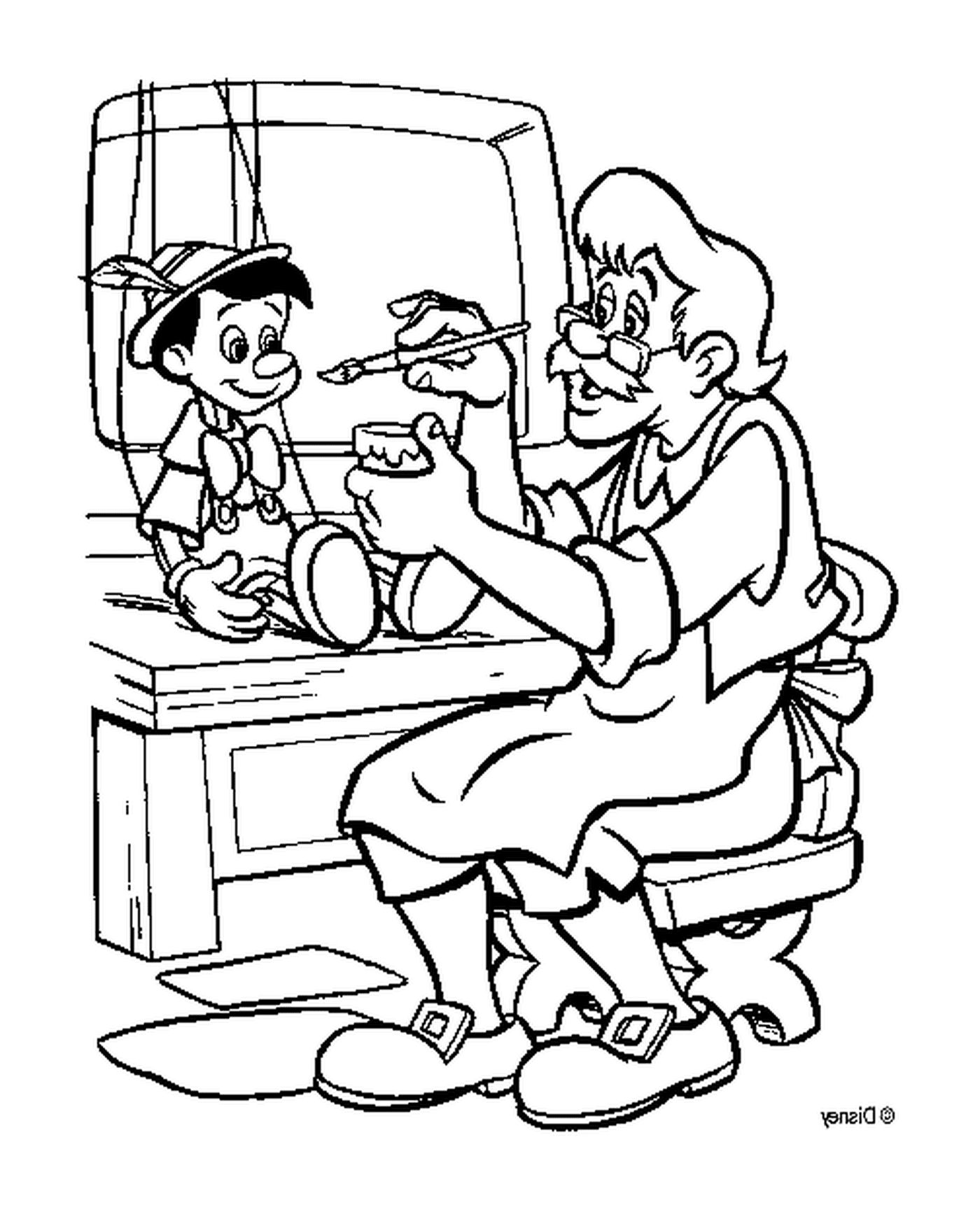  Geppetto manufactures Pinocchio in his workshop 