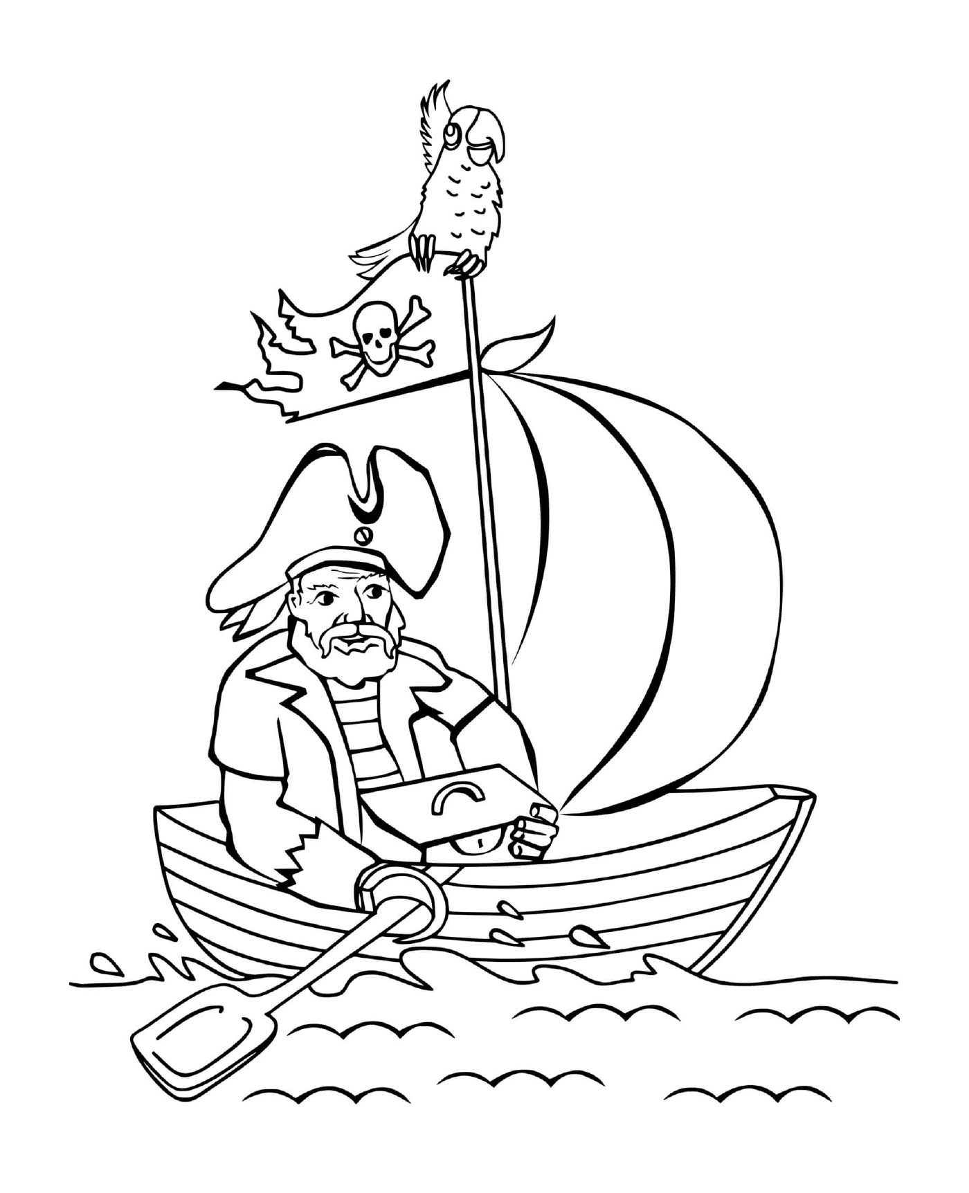  Pirate alone on small boat, treasure 