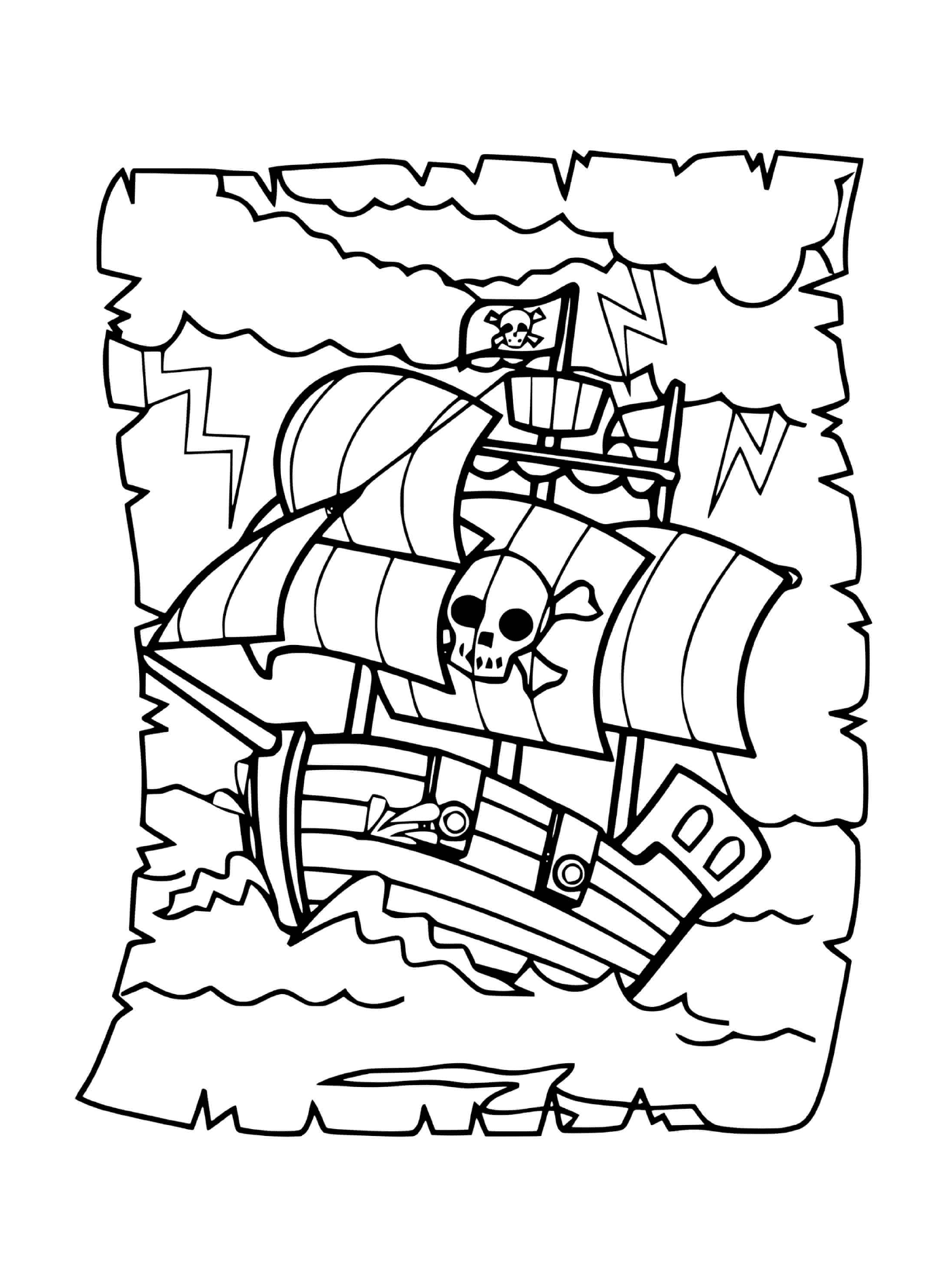  Pirata, barco cruzando olas intensas 