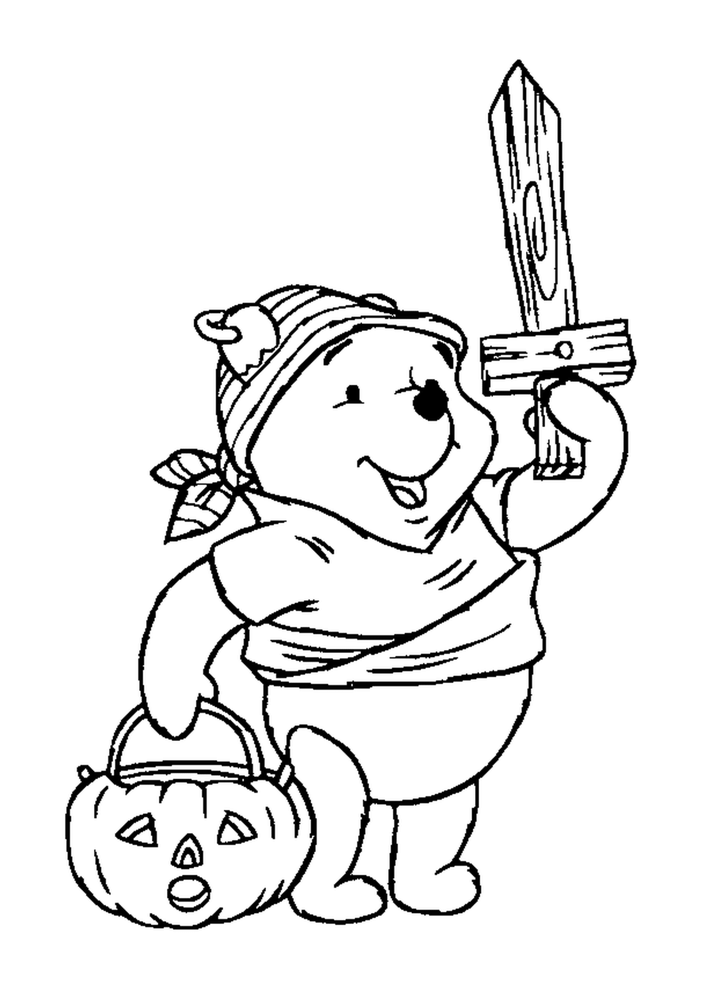  Winnie disguised as a pirate with a pumpkin bag 
