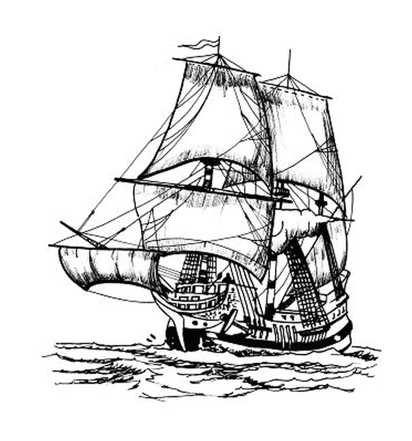  Пиратское судно, плывущее над океаном 