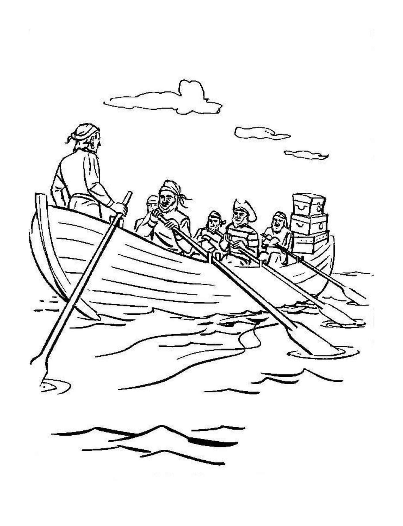  Ein Boot von Piraten, die auf dem Wasser segeln 