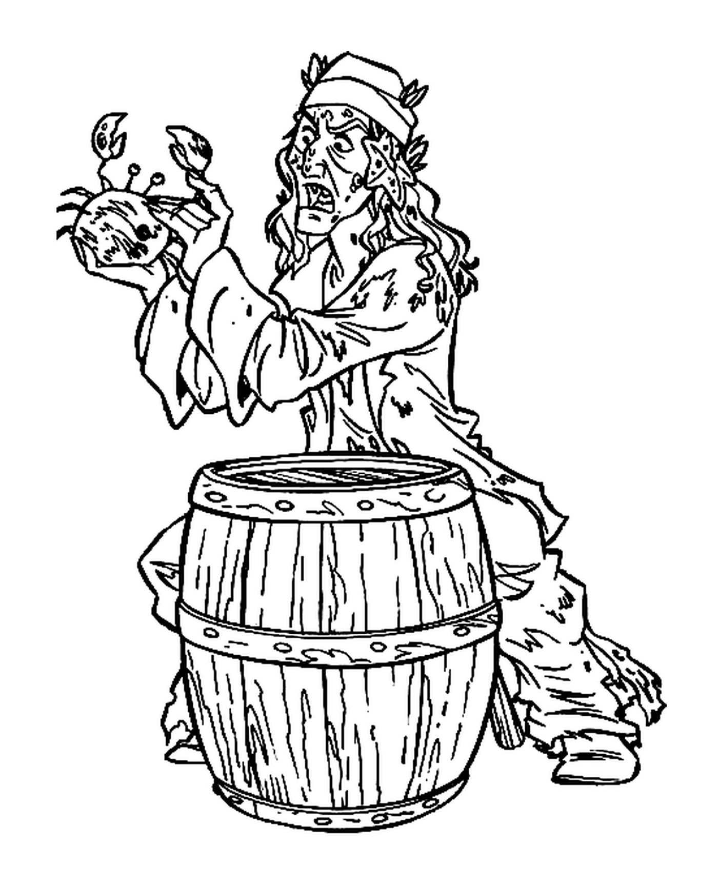  Un pirata maldito sosteniendo un cangrejo detrás de un barril 