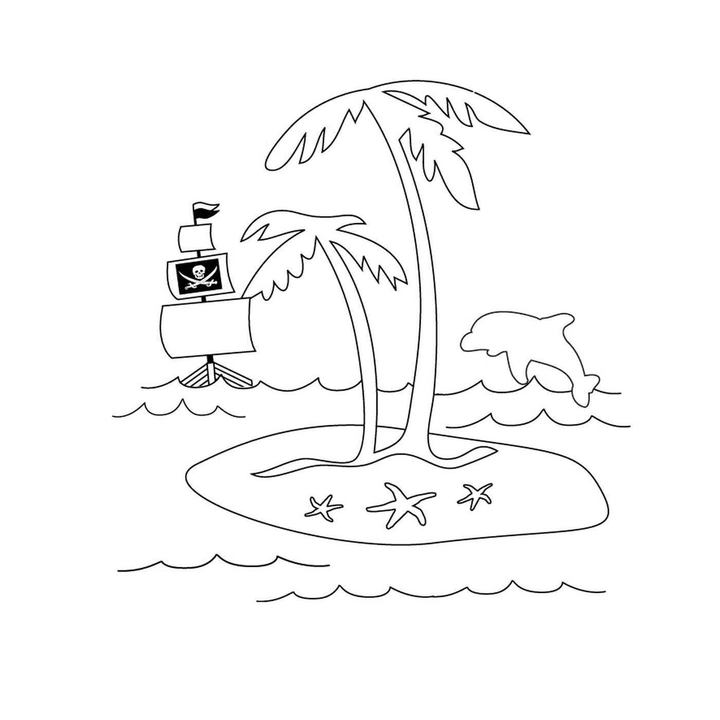  A pirate island with a palm tree and a ship 