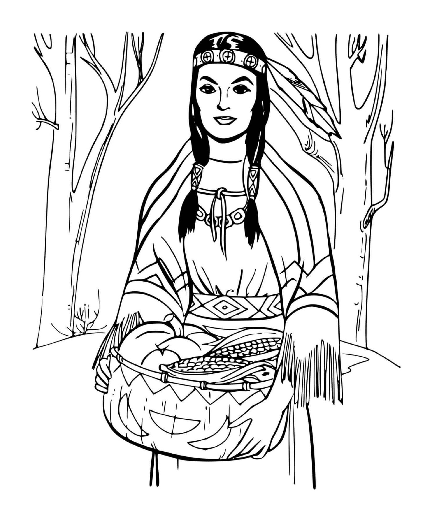 Native American woman holding a basket of food 