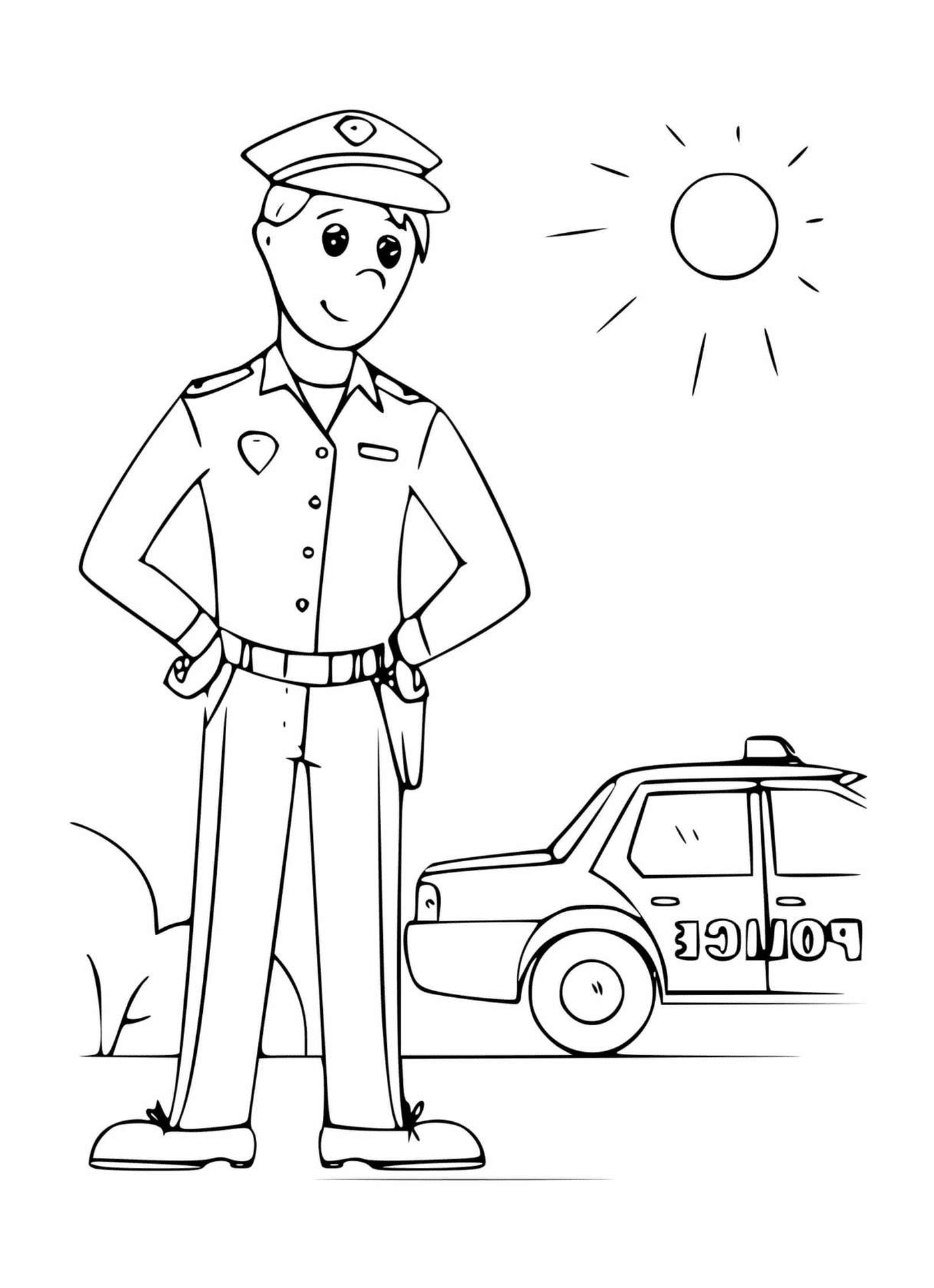  Poliziotto davanti a un'auto soleggiata 