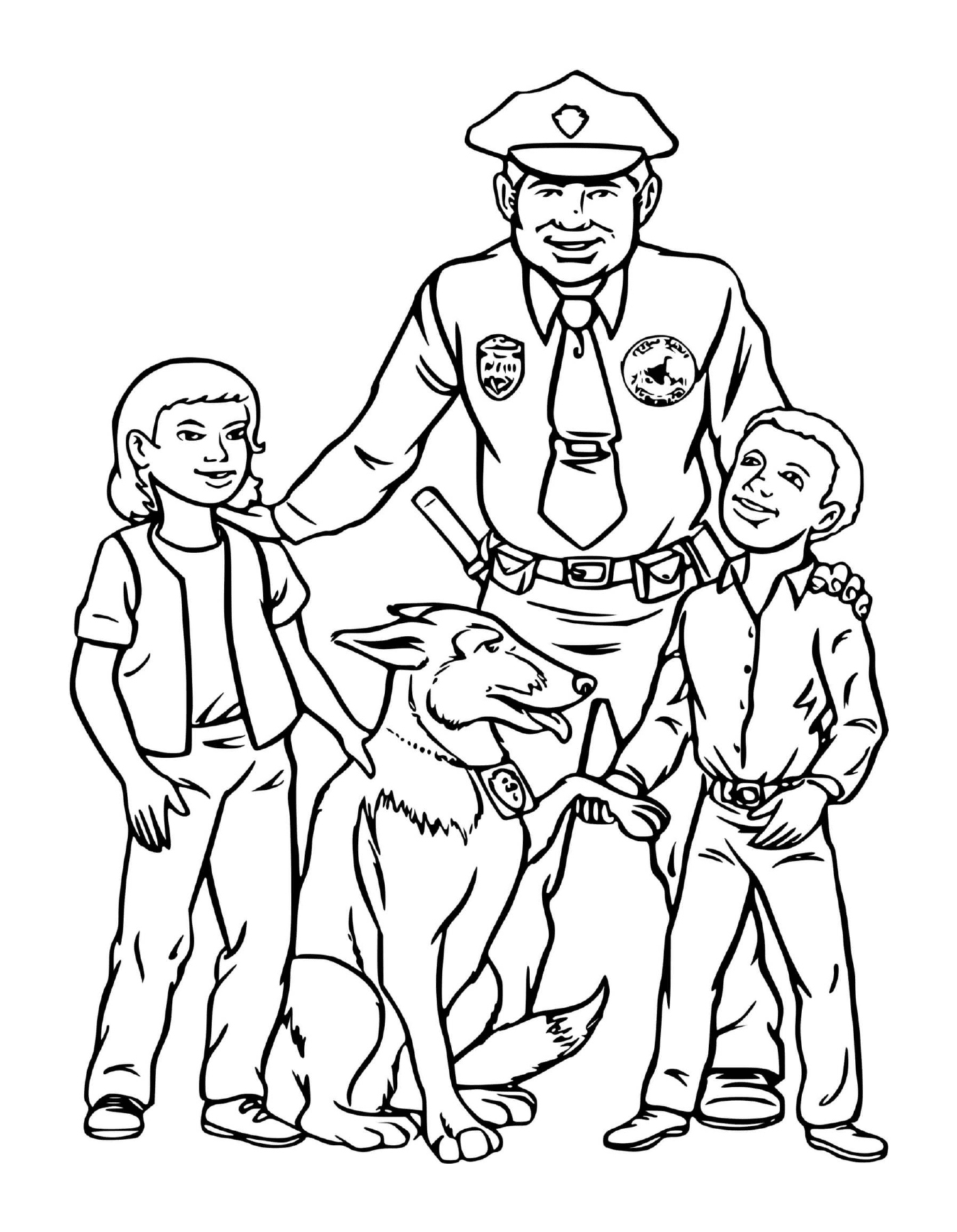  Полицейский, собака, присутствующие дети 