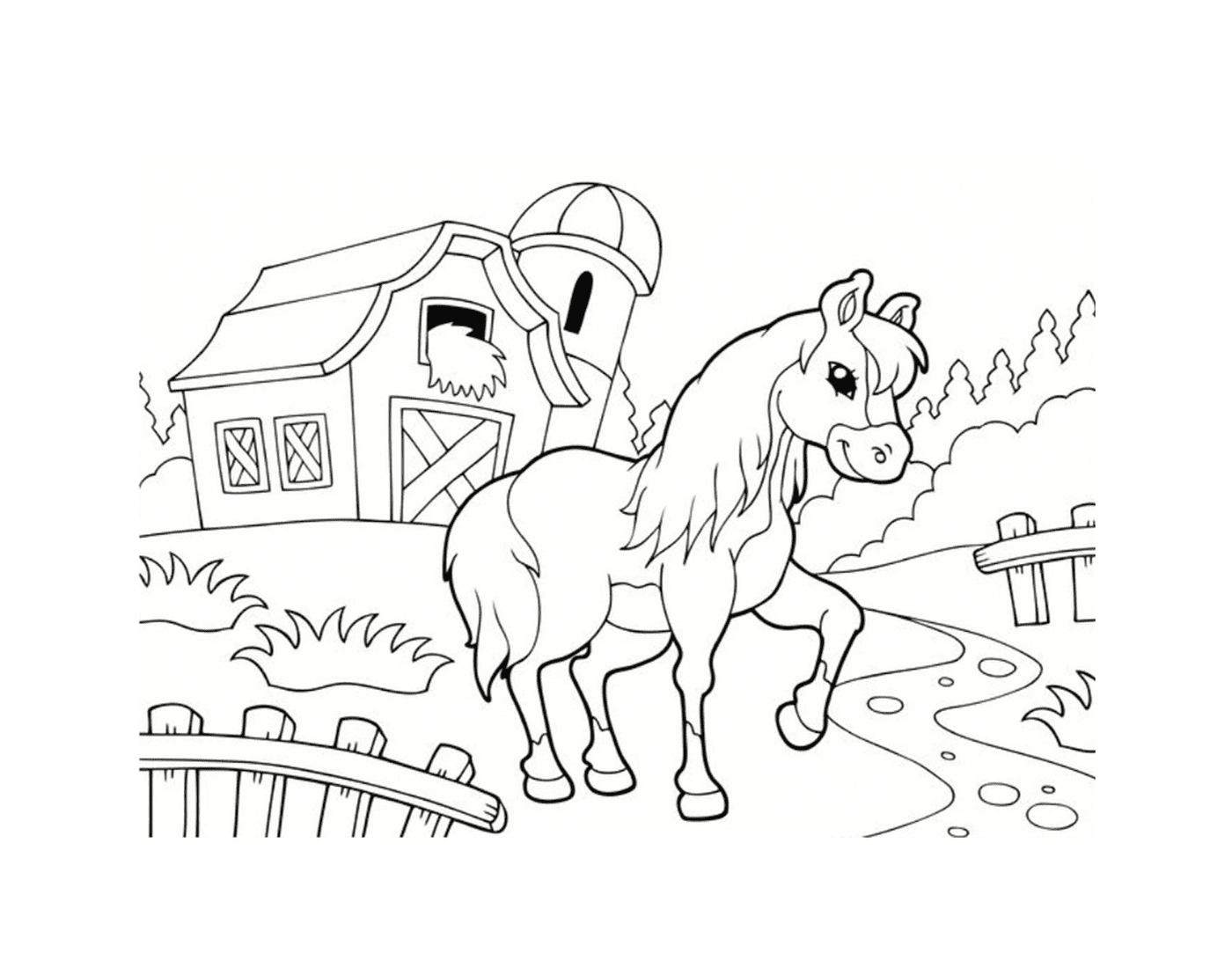  Pony en la granja, ambiente rural 