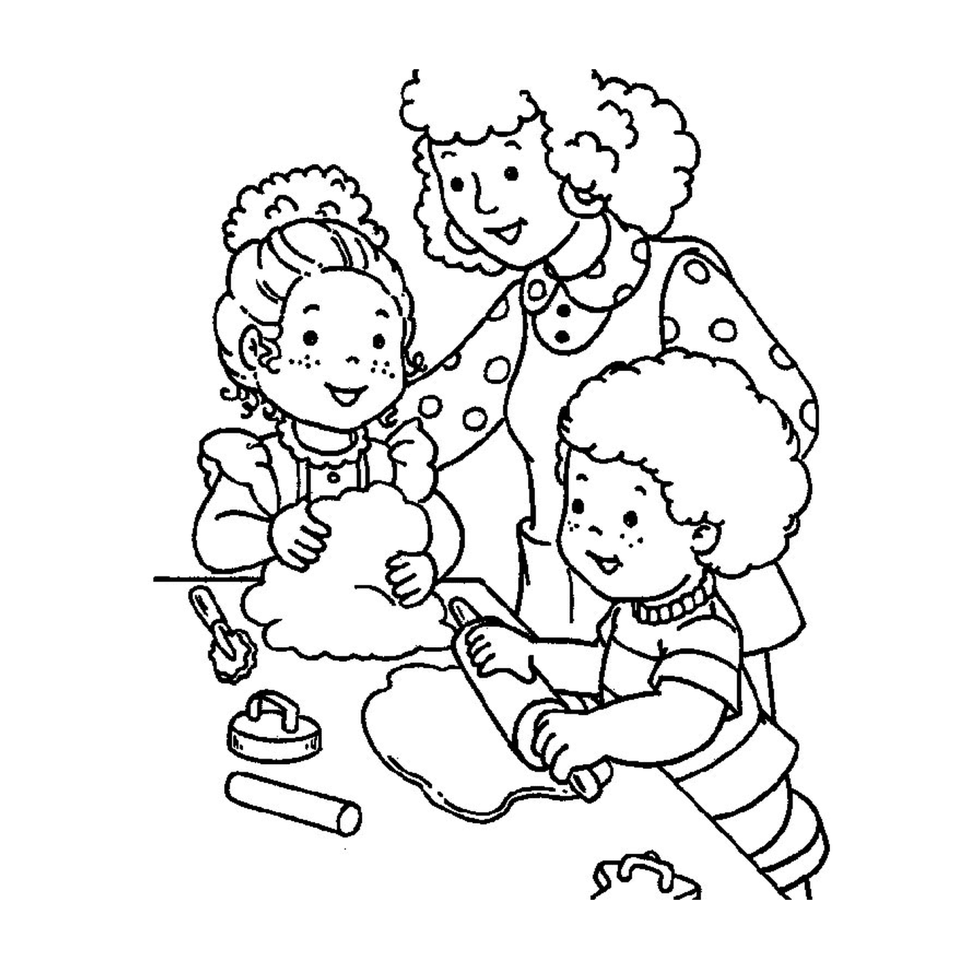  Donna e due bambini in autunno 