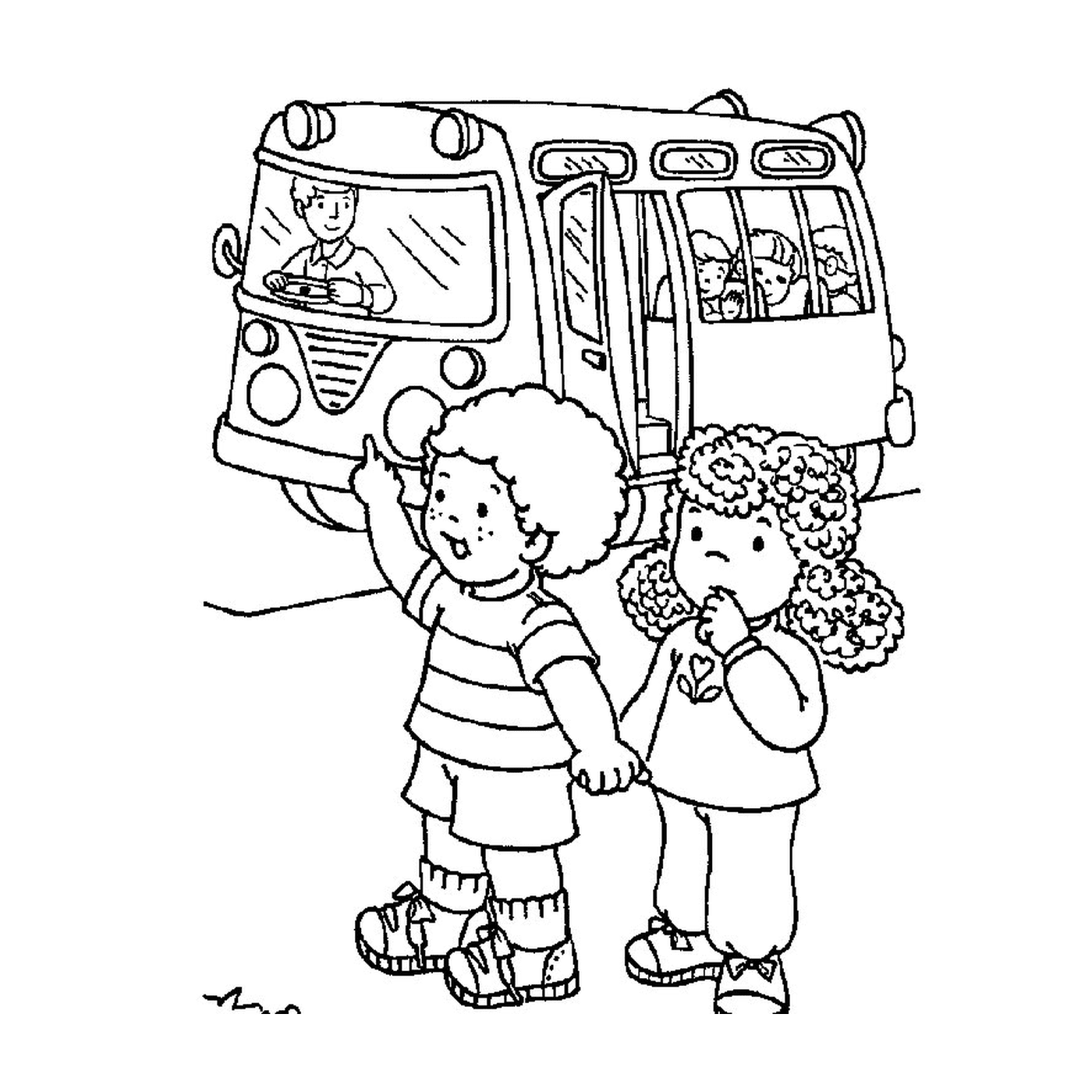  Two children in front of a school bus 