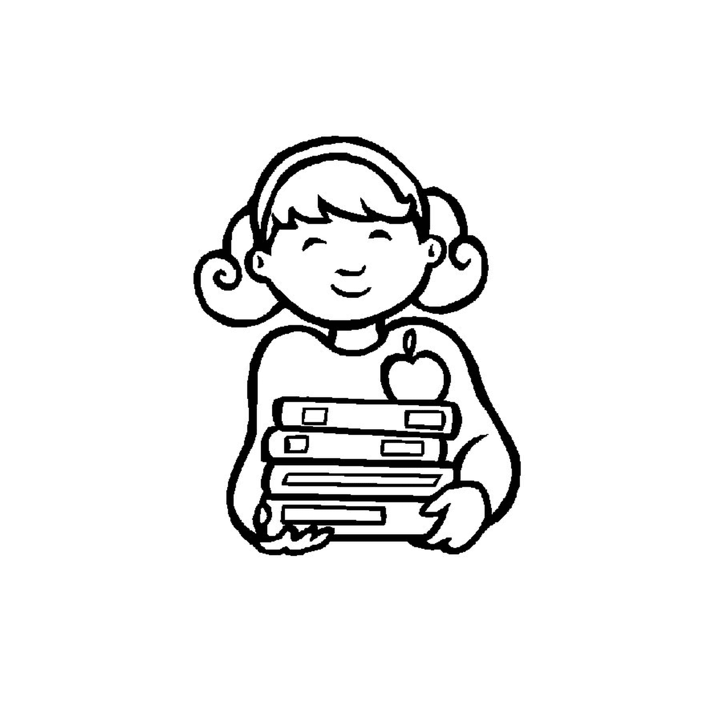  Kleines Mädchen, das einen Haufen Bücher hält 