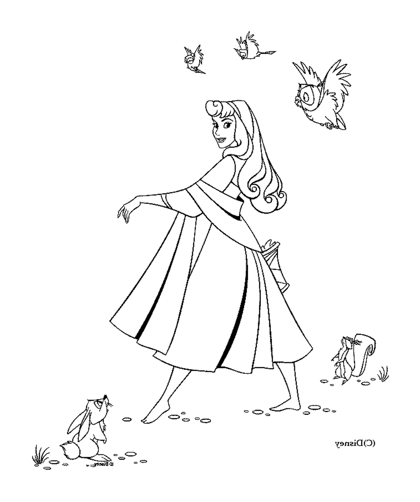  Mujer con pájaros, conejo y ardilla 