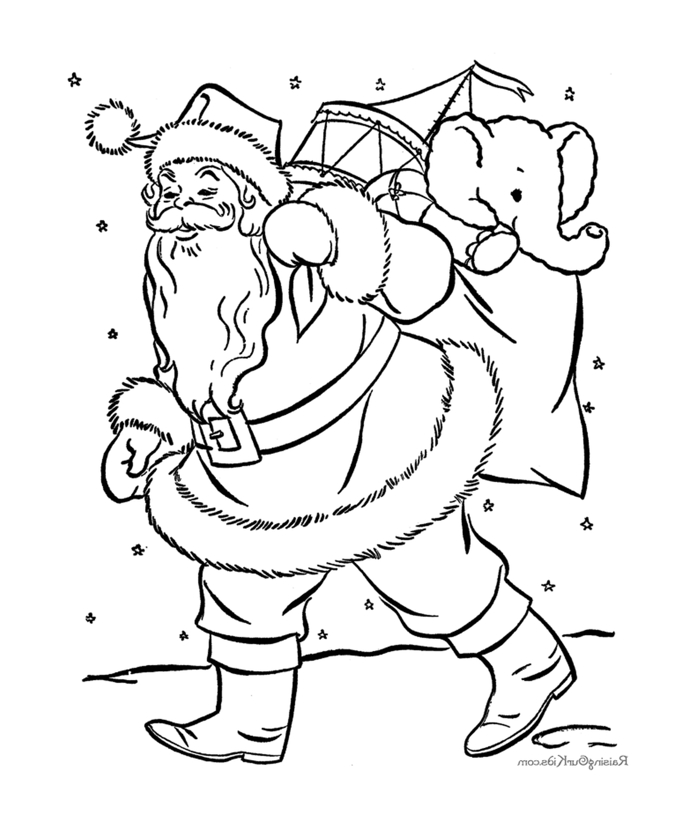  Santa trägt eine Tasche mit Spielzeug 