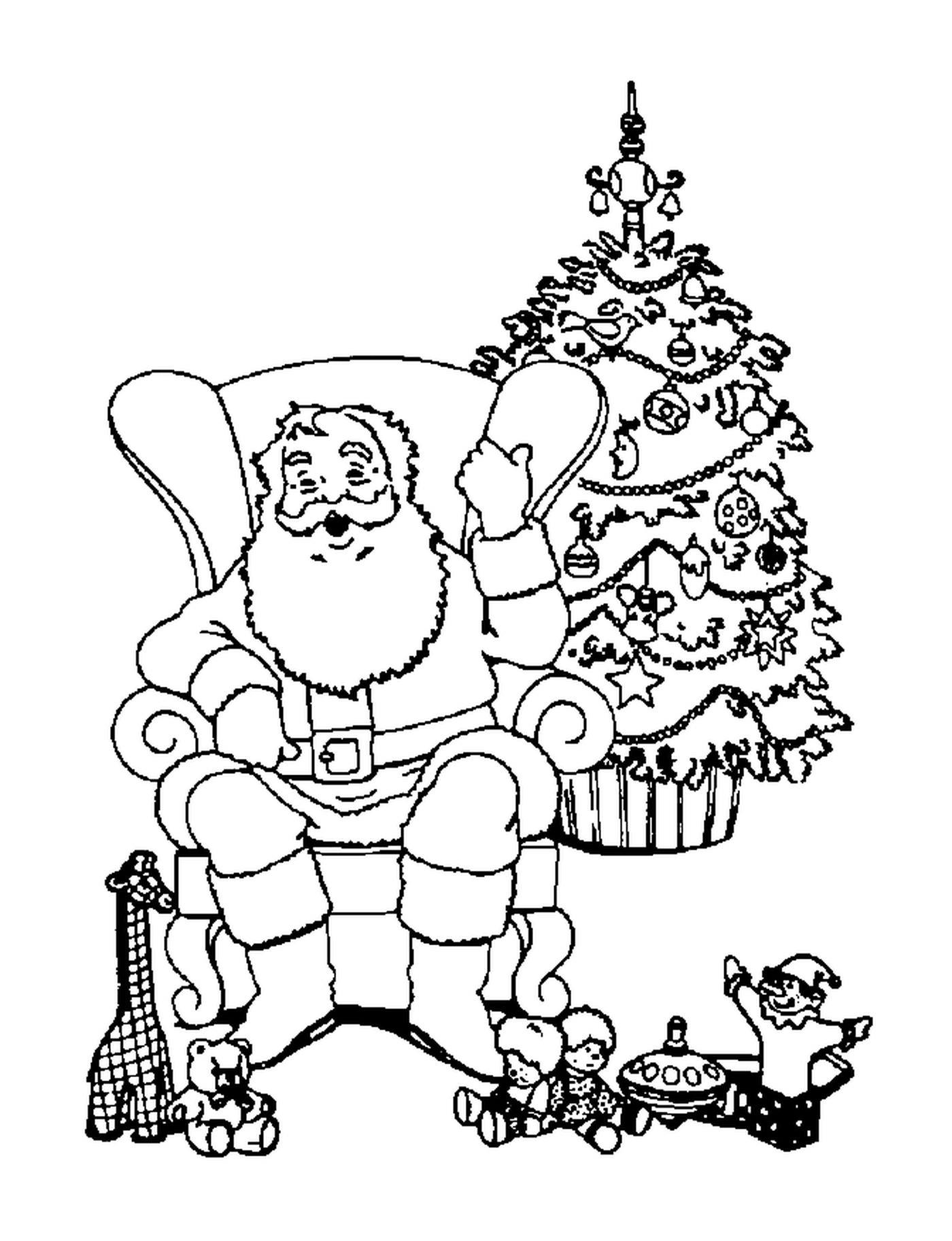  a Santa sitting in a chair by a Christmas tree 