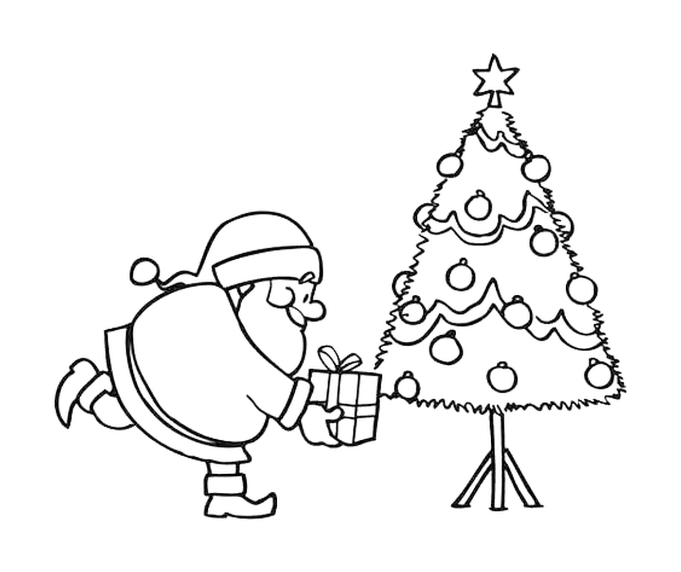  un Babbo Natale che mette un regalo ai piedi dell'albero di Natale 