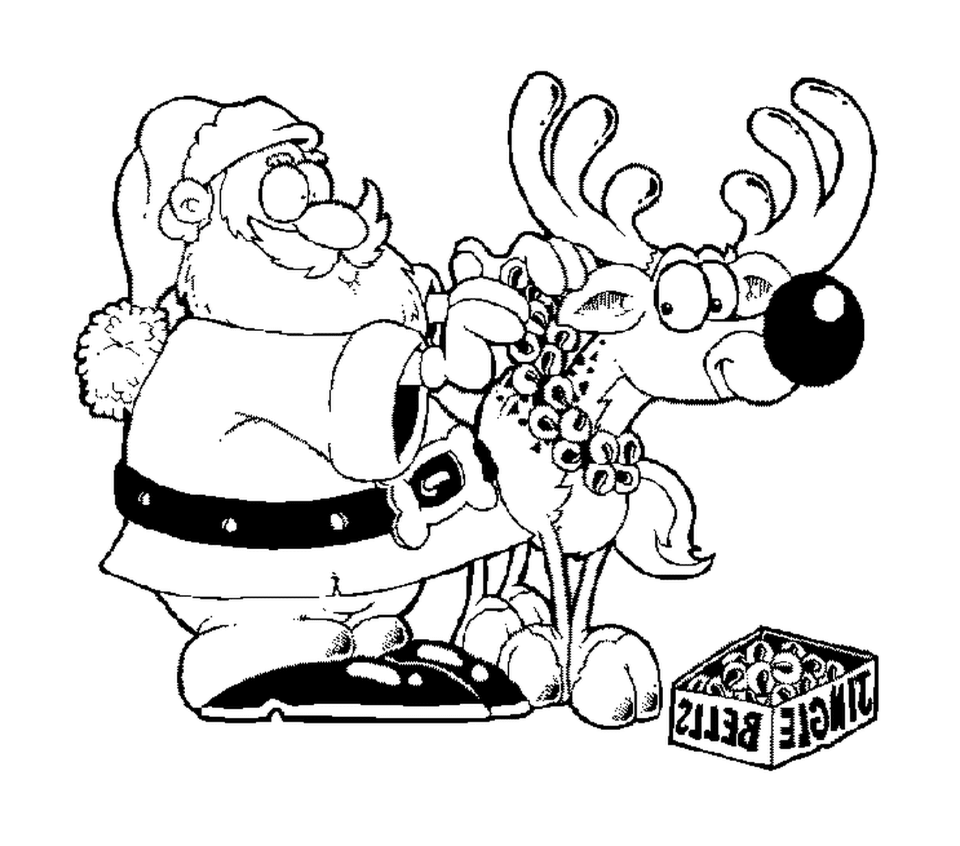  Santa hangs bells on her reindeer 