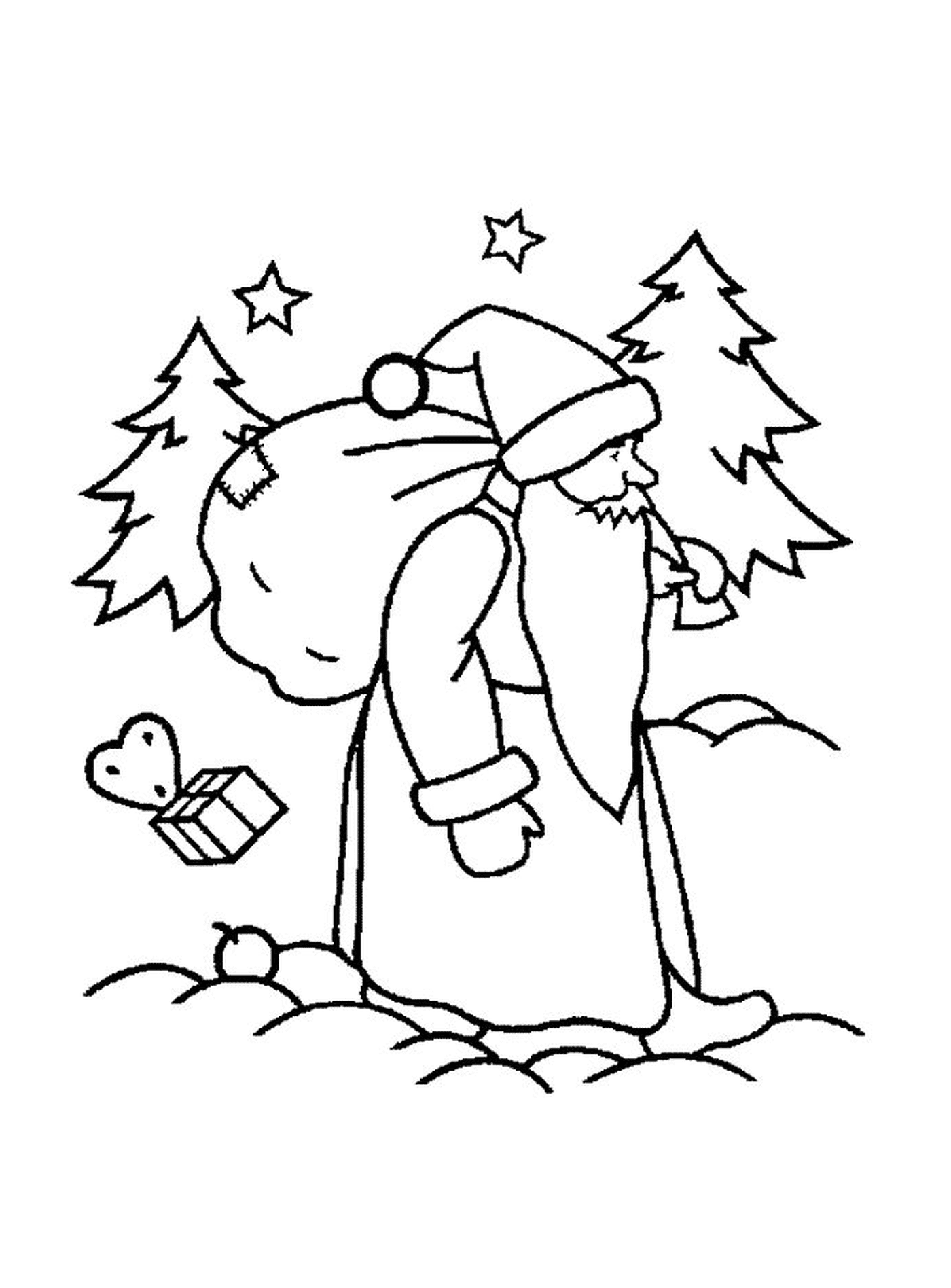  Santa zu Fuß zu einem Baum 