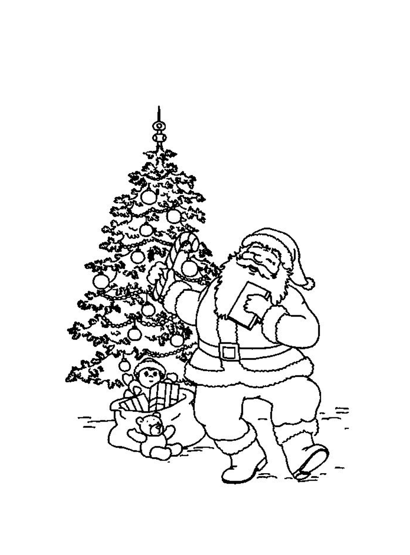  Santa tanzt mit einem Weihnachtsbaum 