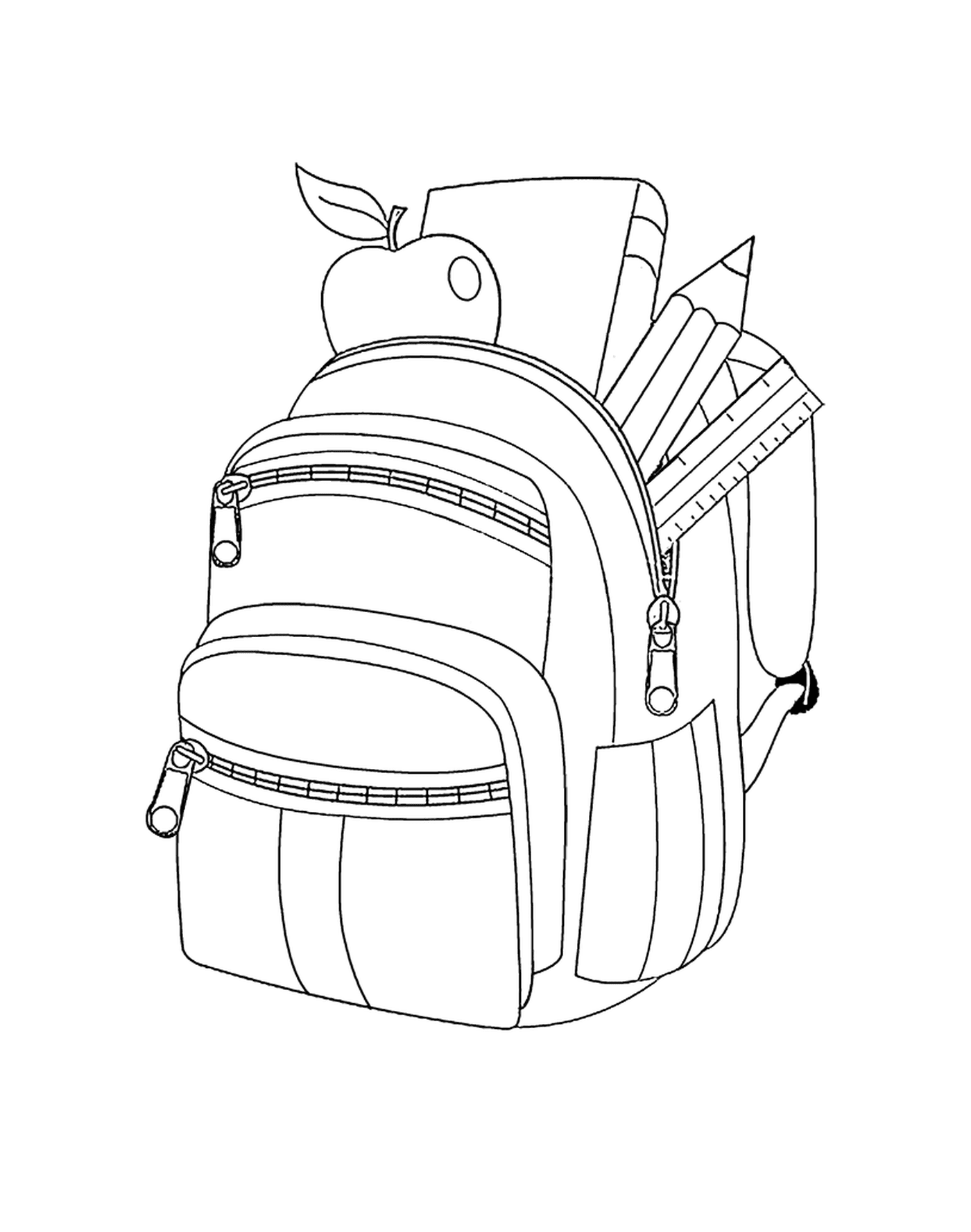  Ein Rucksack mit Stiften und einem Apfel 