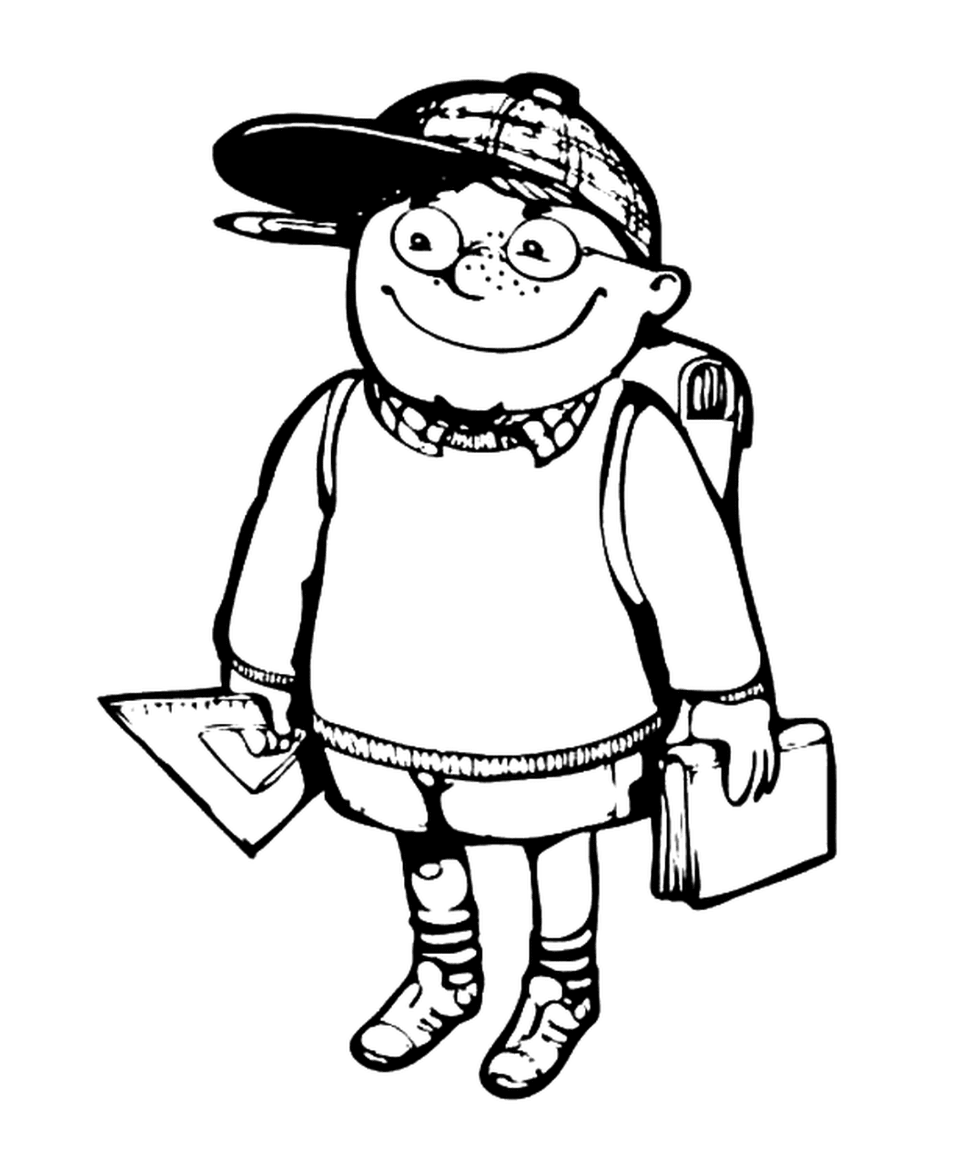  Ein Junge, der mit einem Rucksack zur Schule geht 