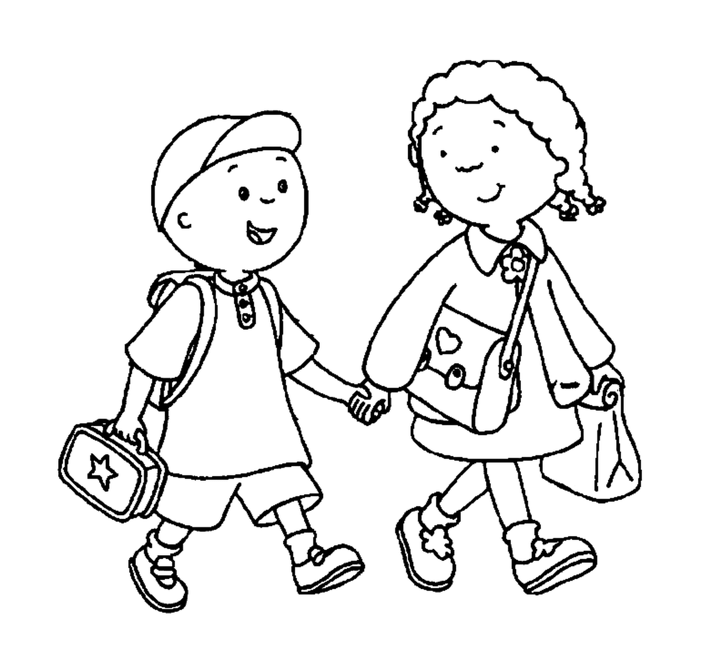  Ein Bruder und eine Schwester, die Hand in Hand hält, um zur Schule zu gehen 
