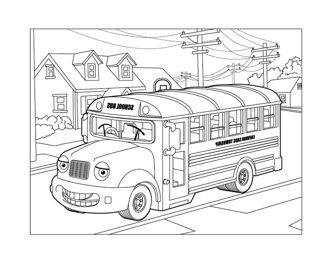  A school bus driving on the street 