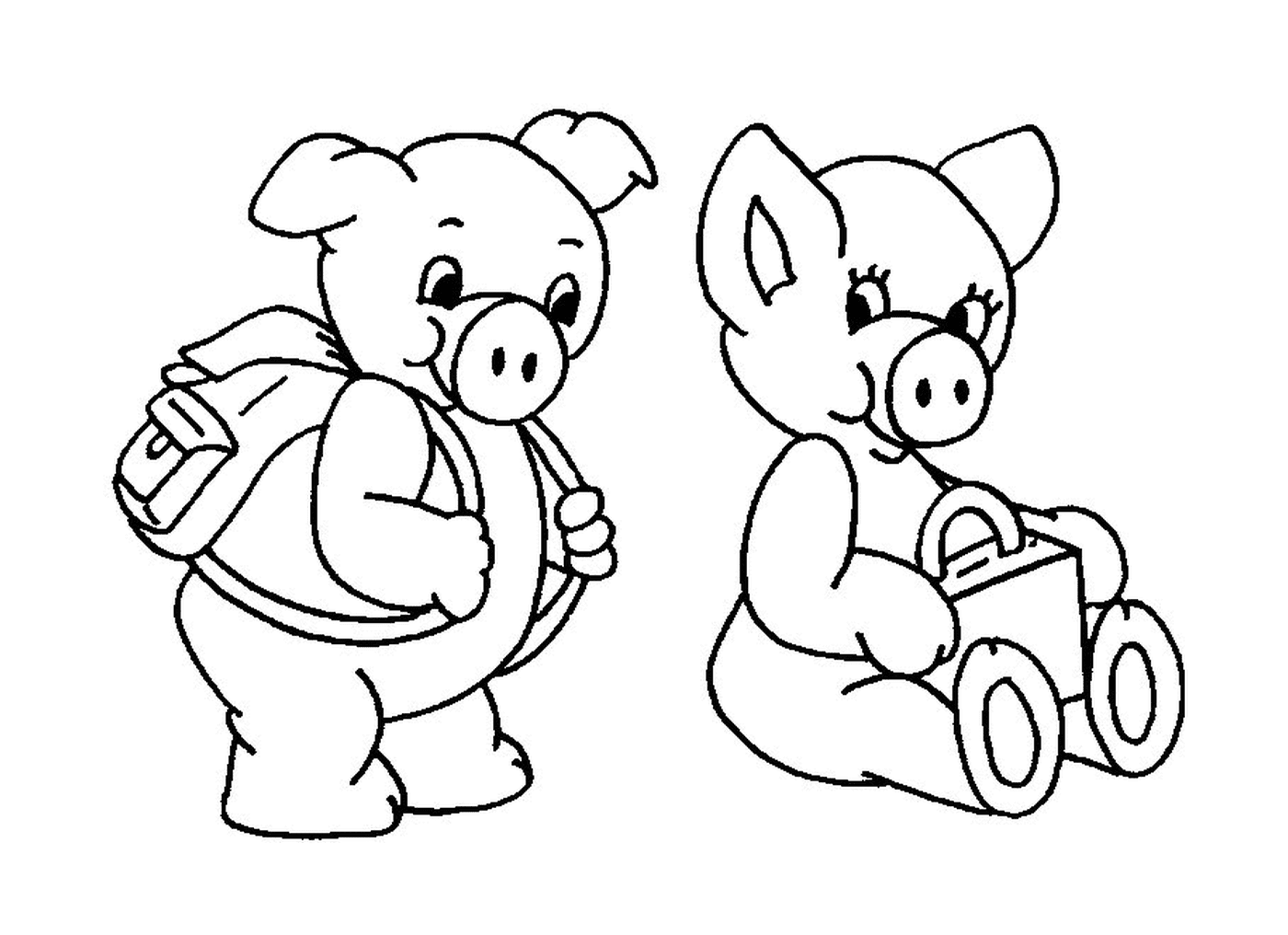  Two pigs sitting and standing in line 