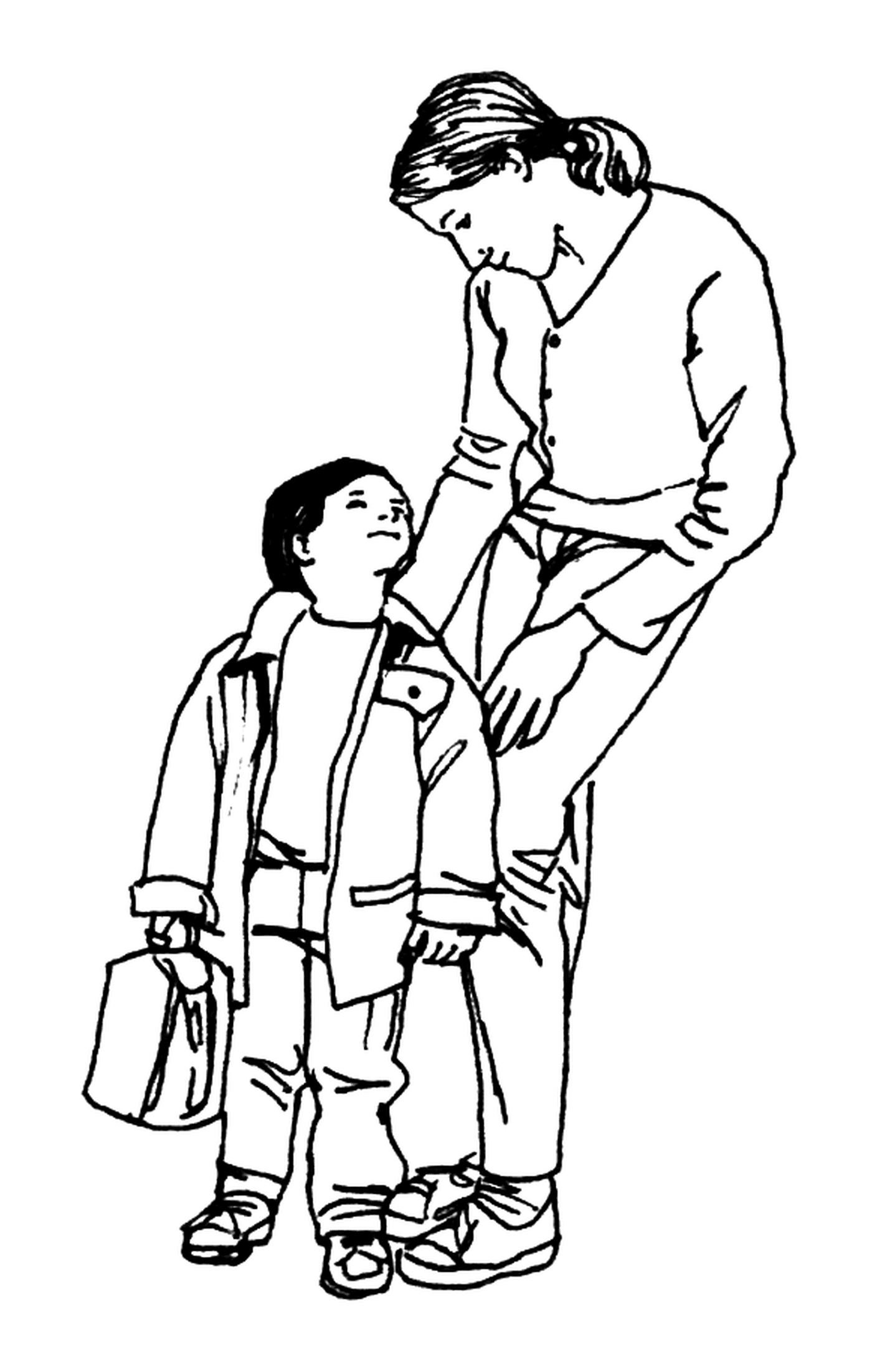  Eine Mutter begleitet ihren Sohn zur Schule 
