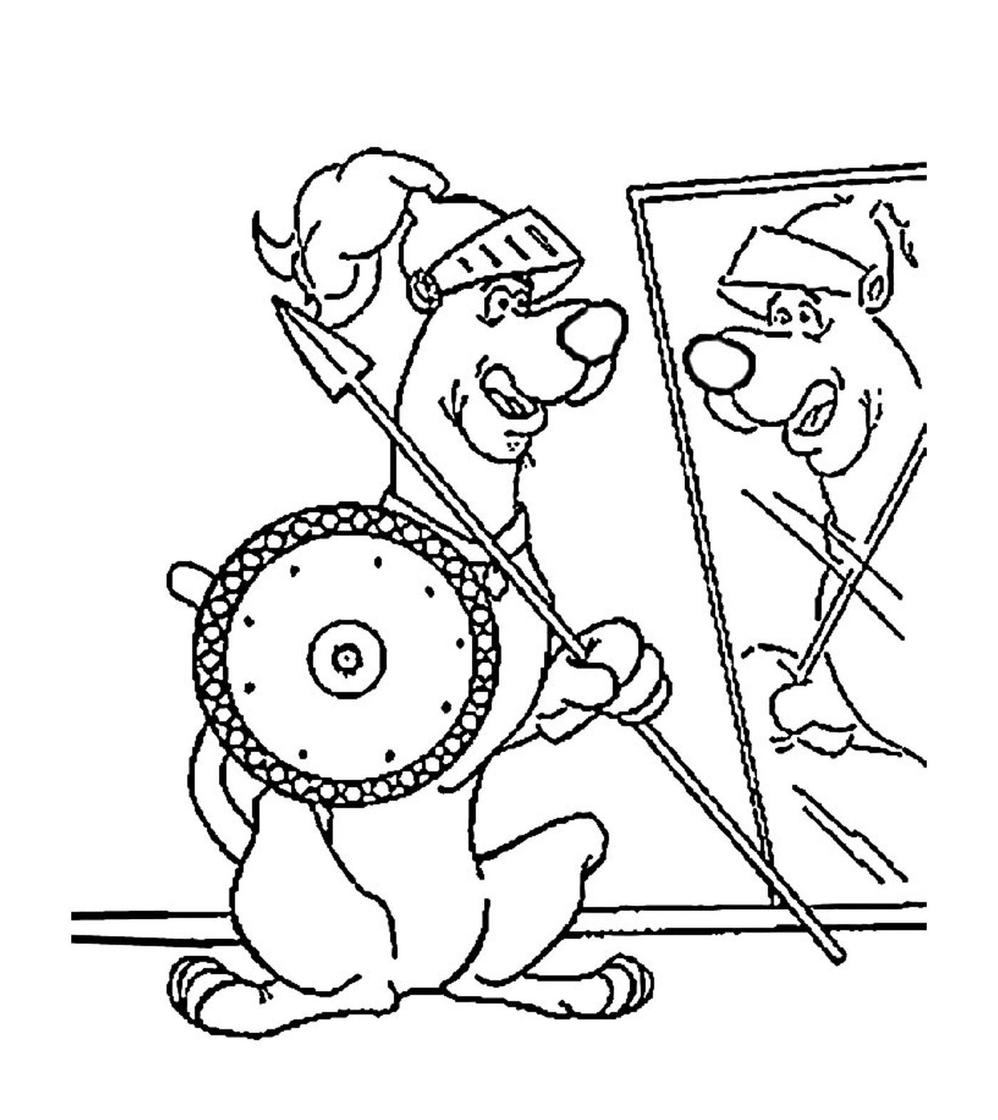  A dog holds a spear and a mirror 