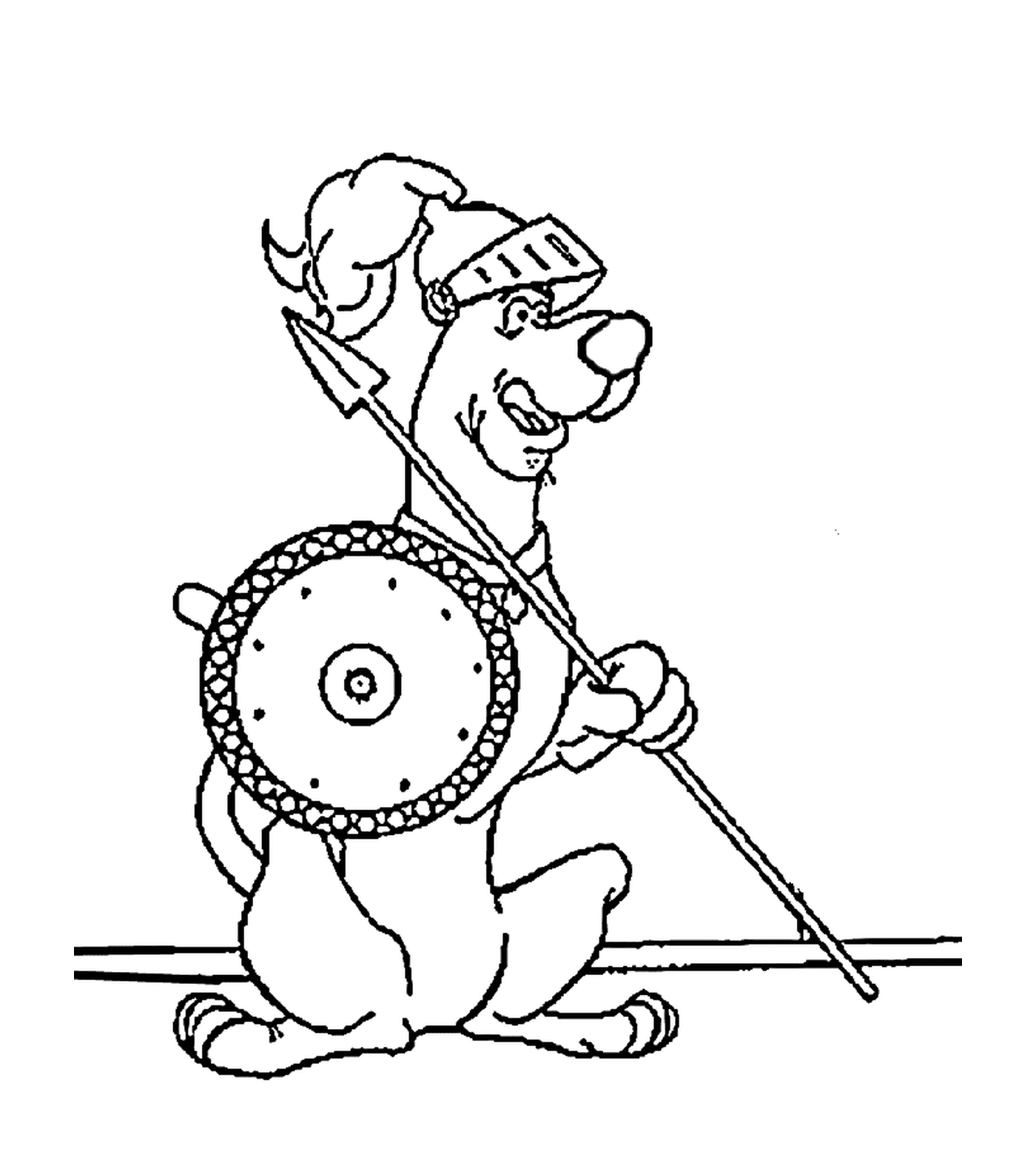  A dog holds a spear and a shield 