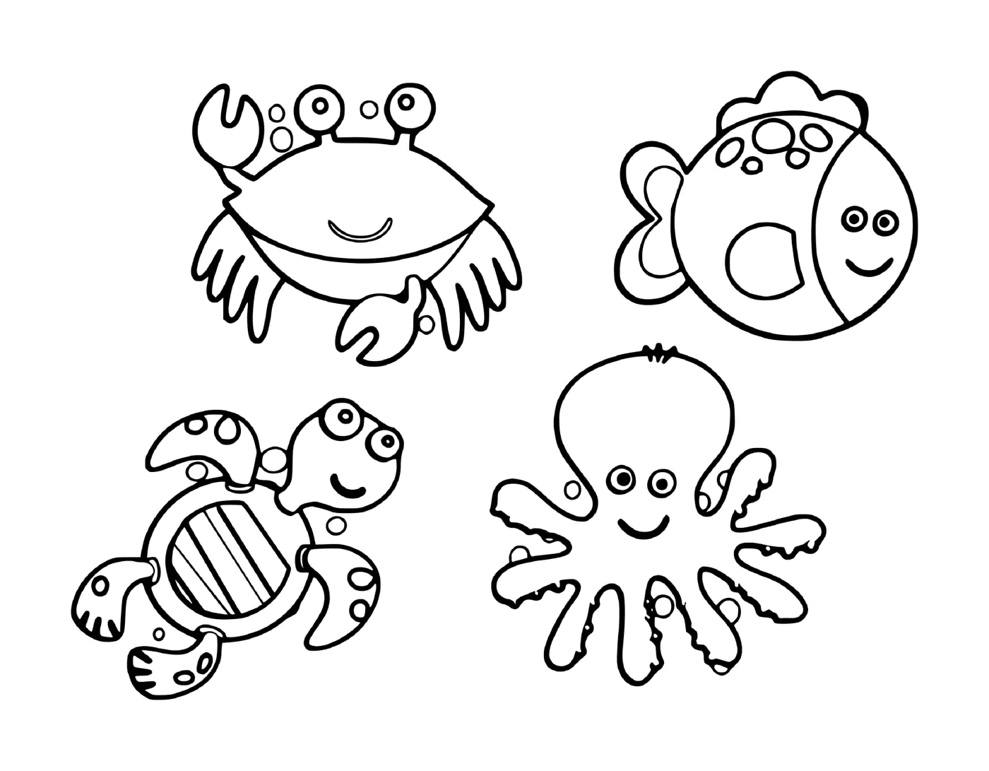 a group of marine animals in the water, including fish, crabs, turtles and octopus 