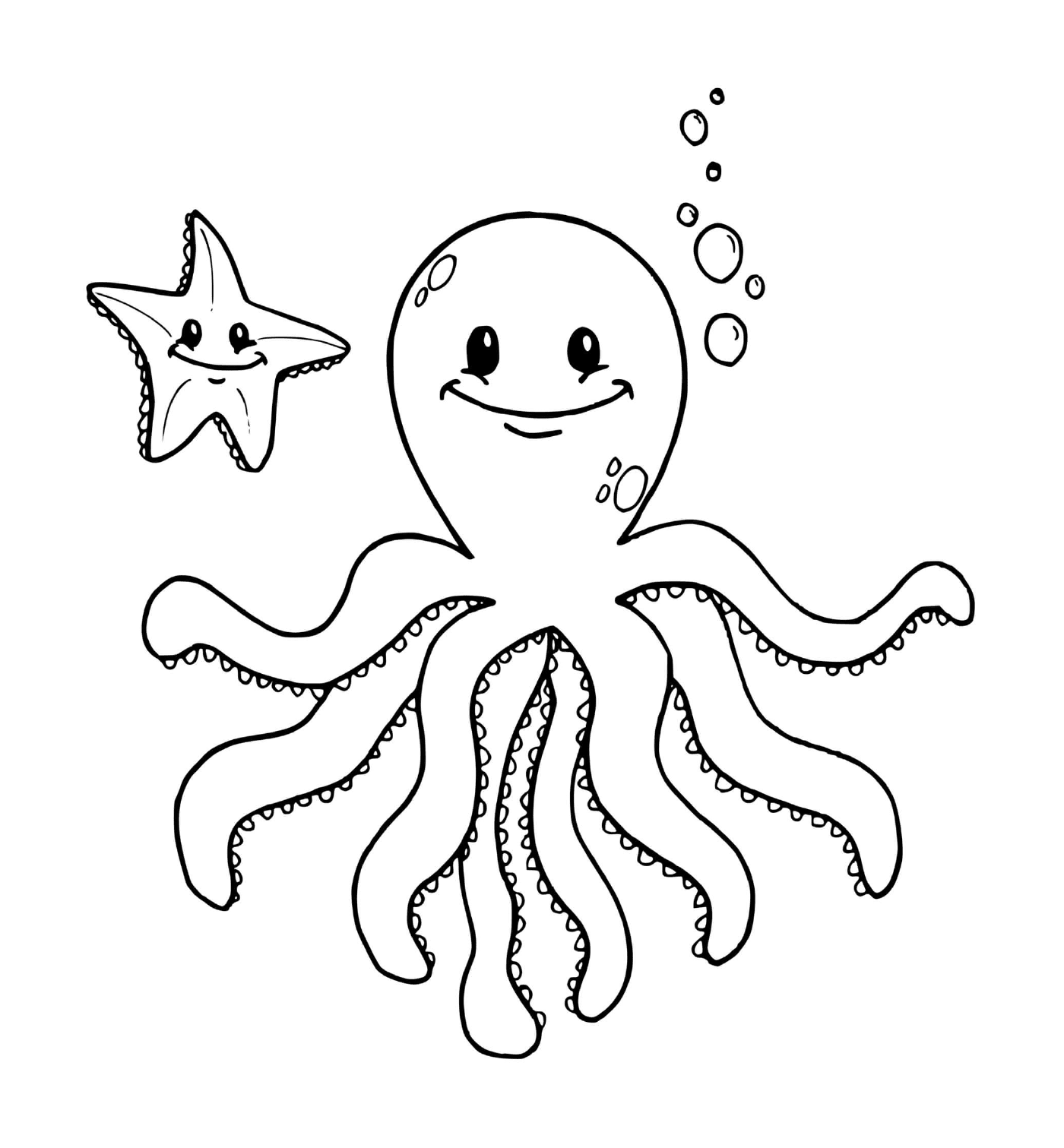  an octopus and a star of sea drawn together 