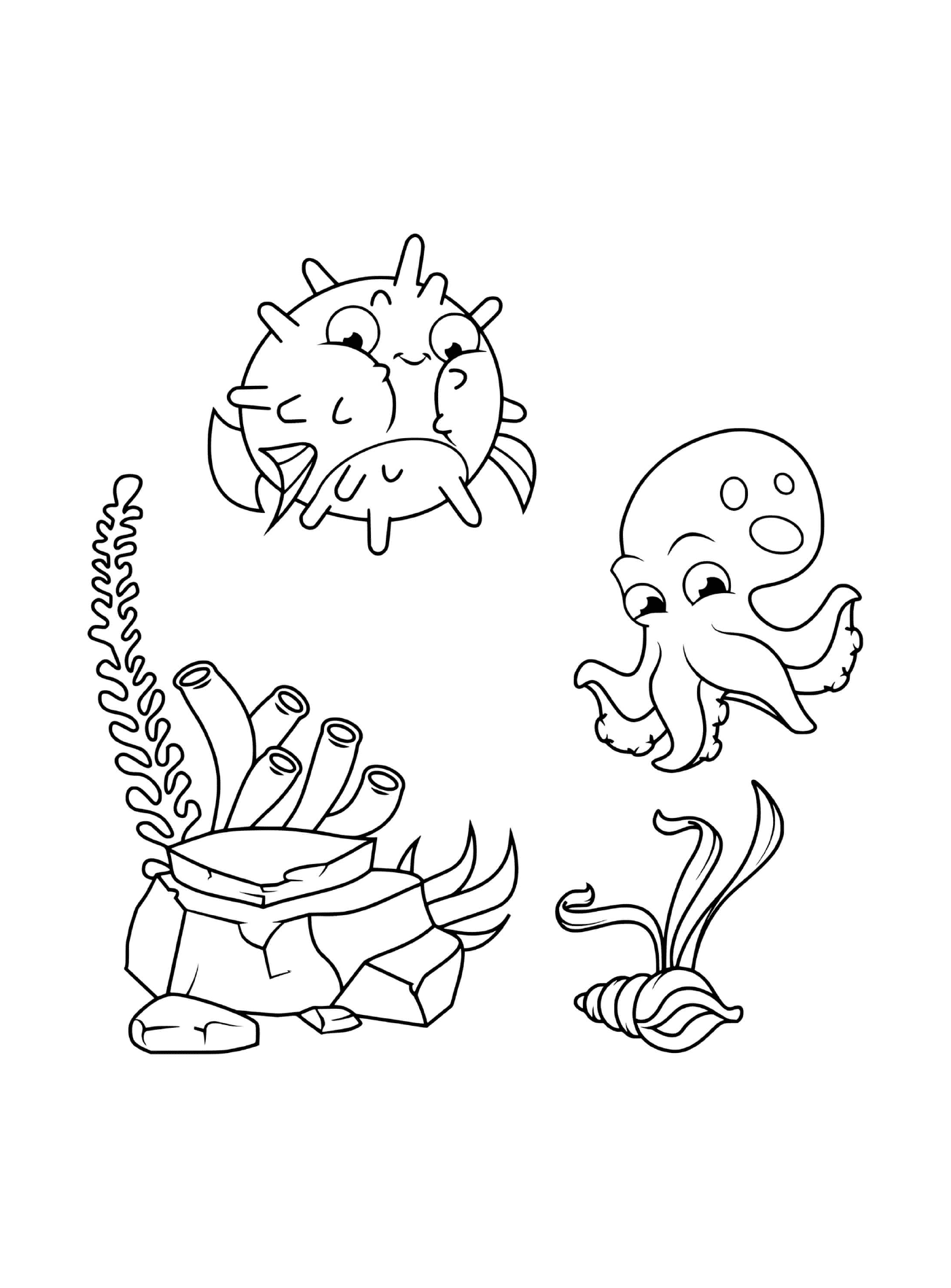  polpo, granchio, pesce e alghe disegnati insieme 