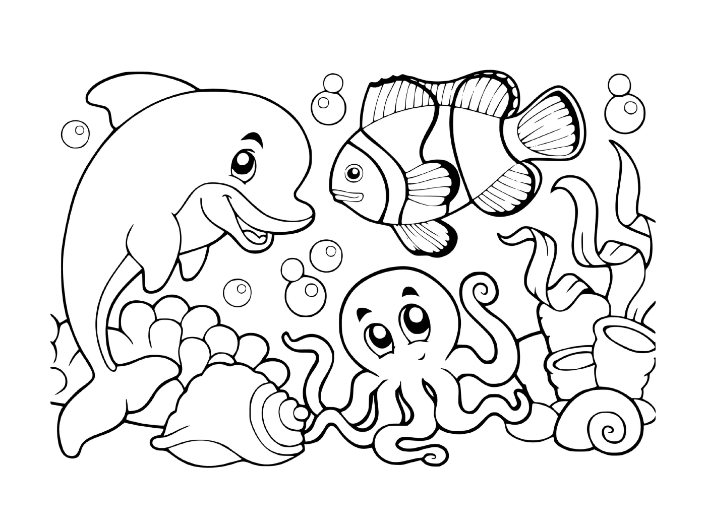  eine Unterwasserszene mit Fischen, Schalentieren und Kraken 