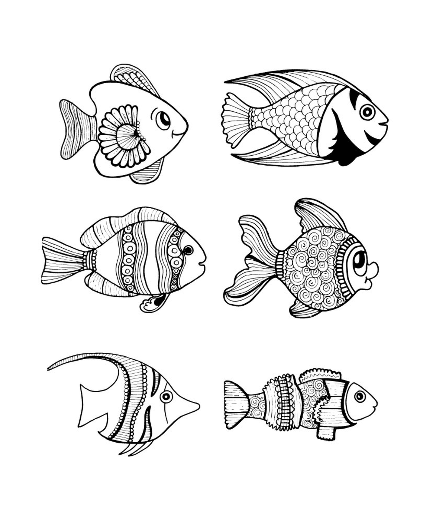  ein Satz von sechs schwarz-weißen Fischzeichnungen 