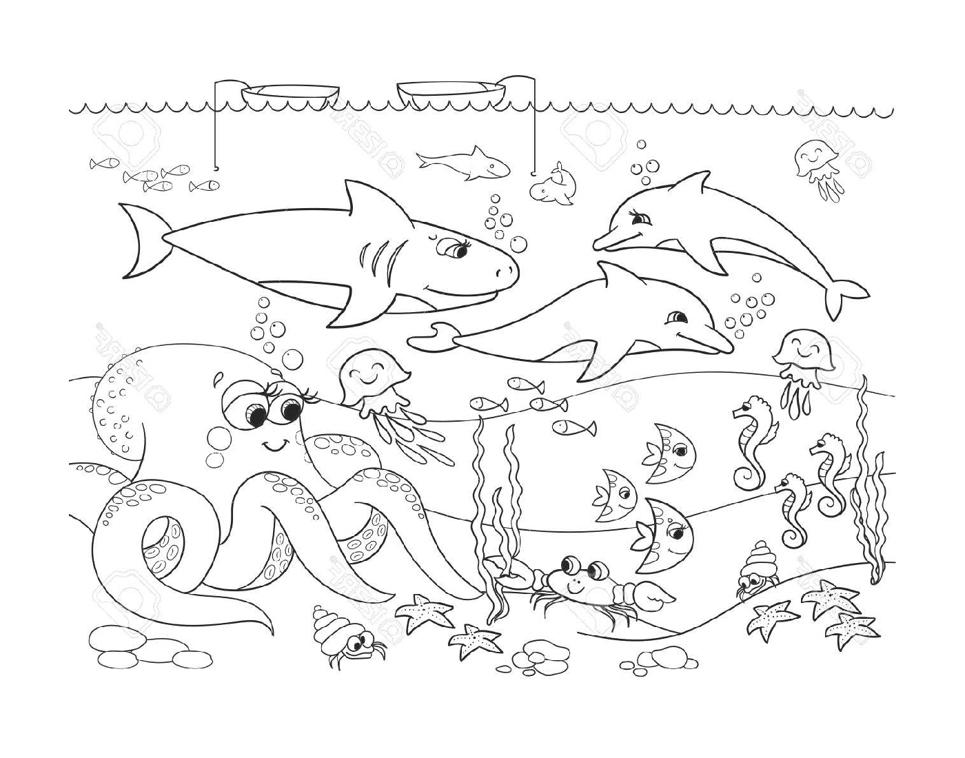  подводная сцена с множеством разных животных 