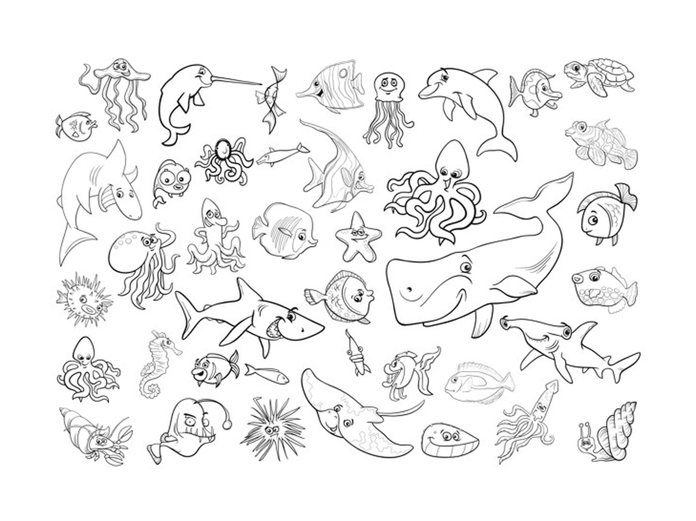  un conjunto de muchos animales marinos 