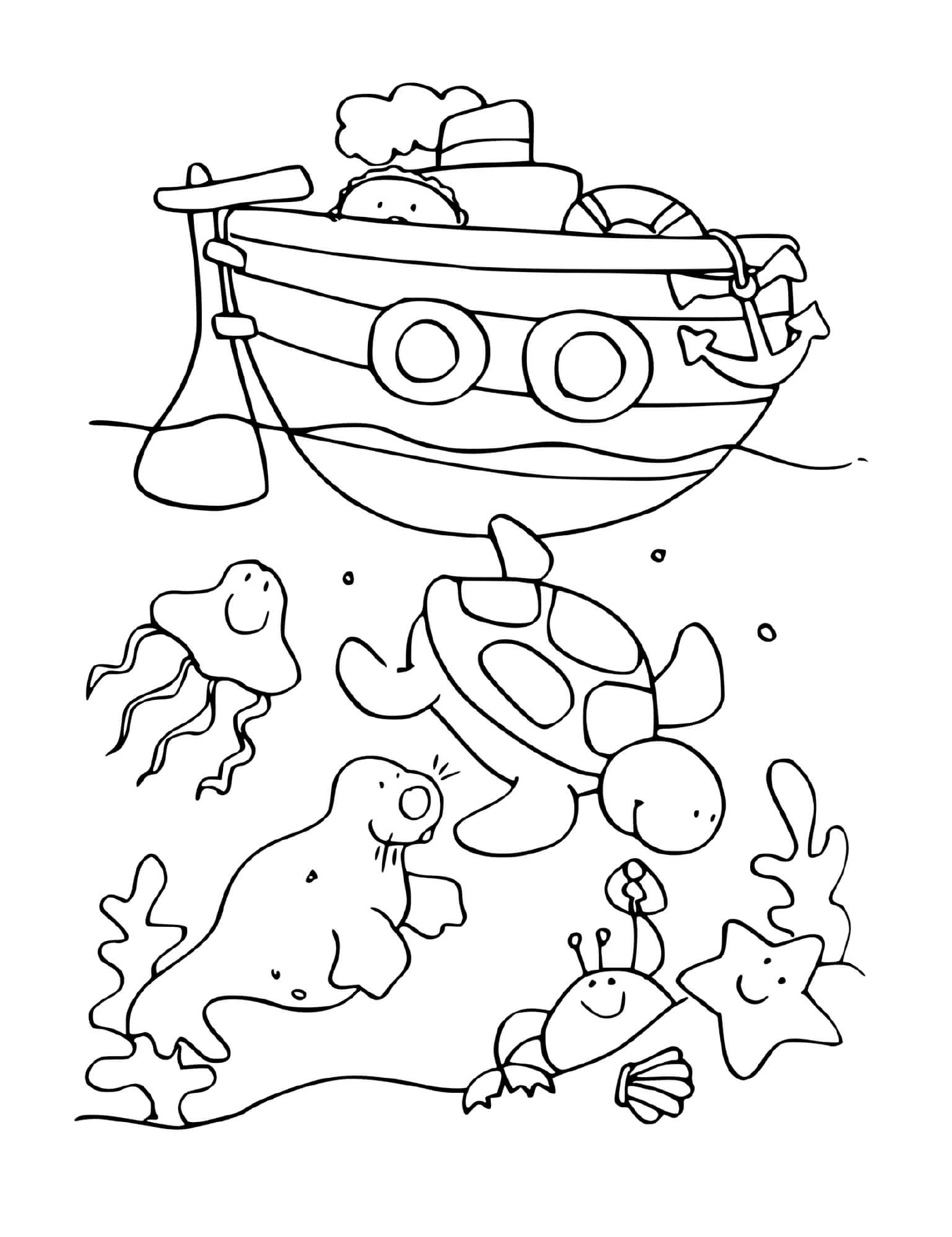  Boat and marine animals in a seabed 